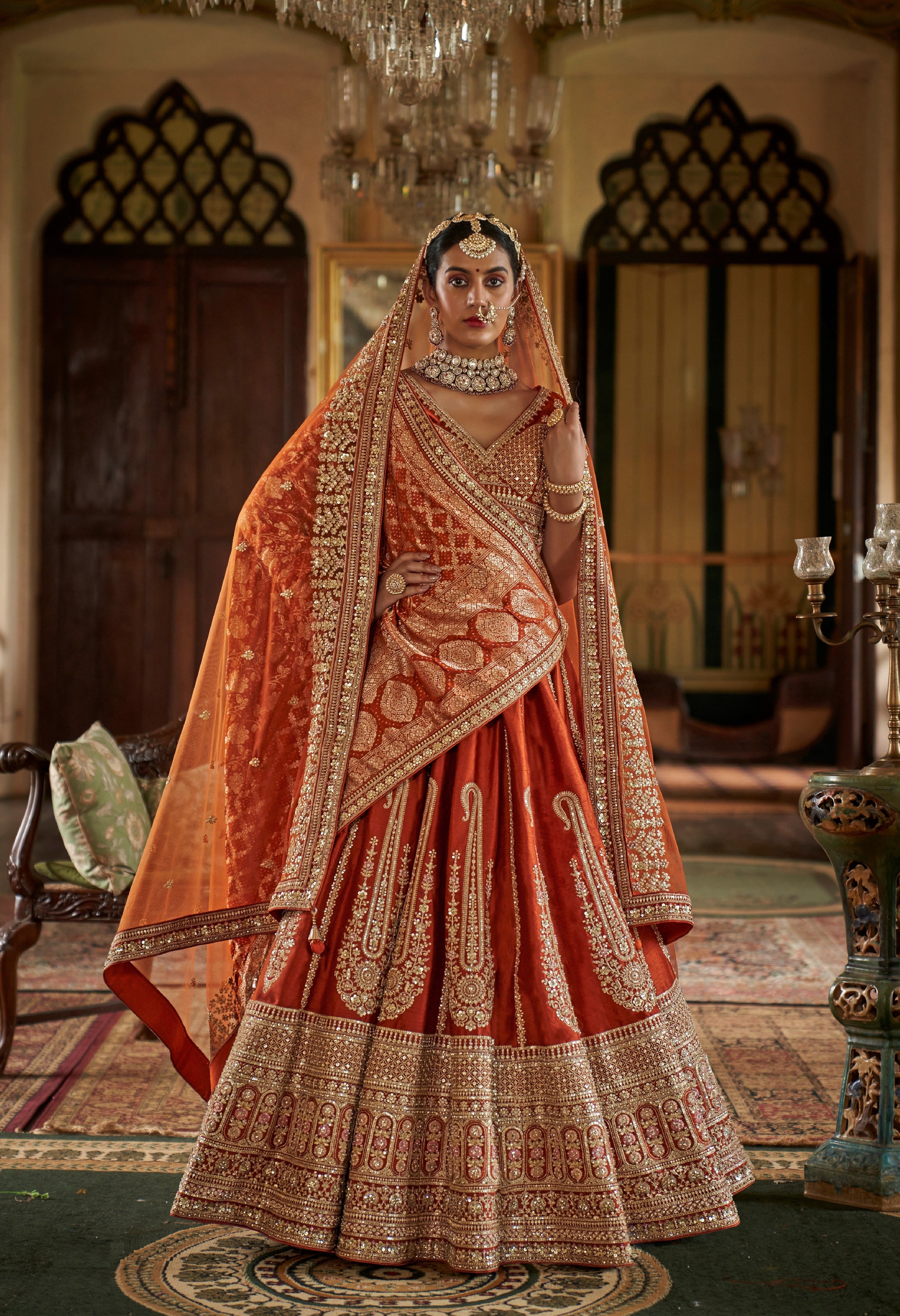 Rust Orange Silk Embroidery Lehenga