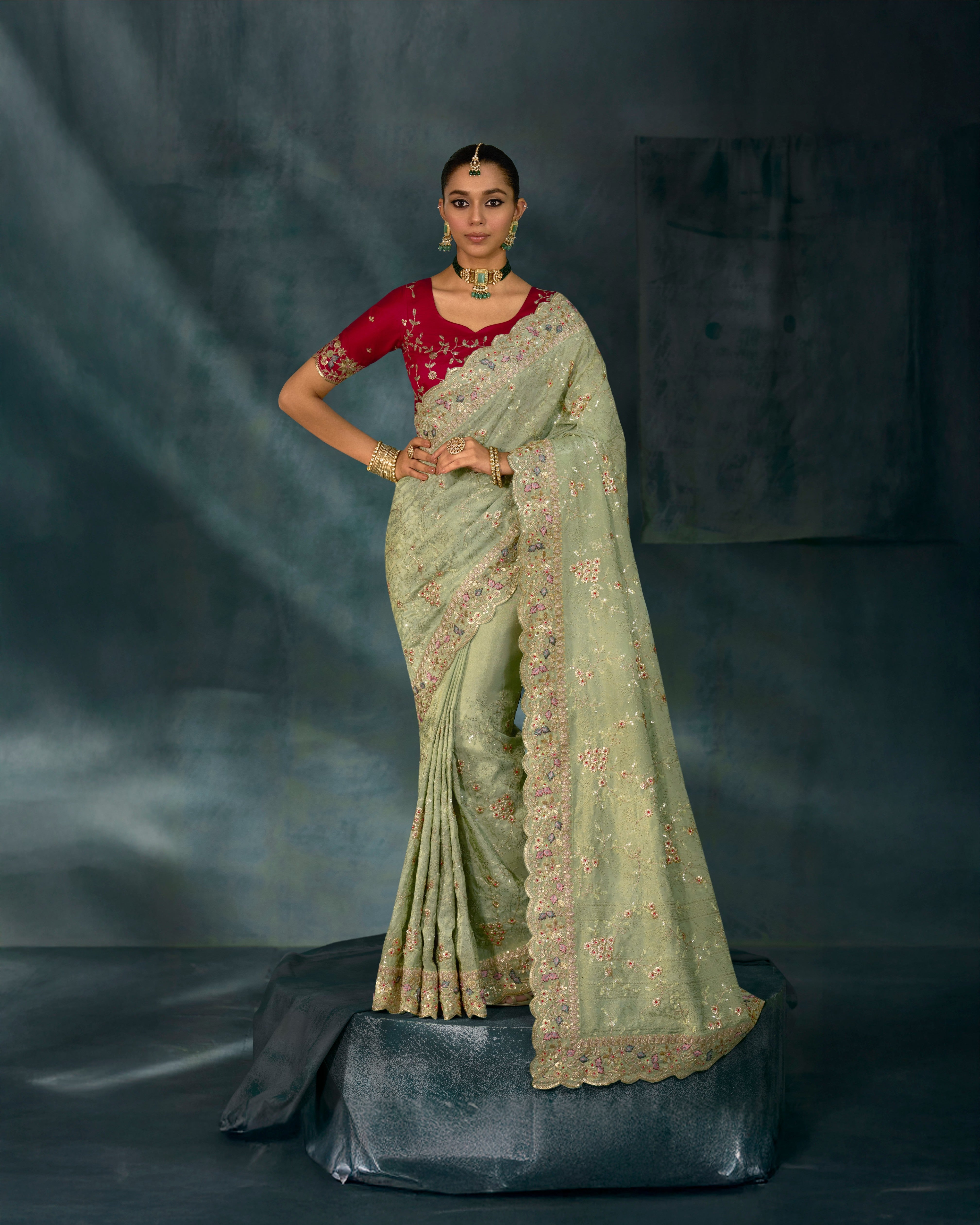 Pista Pure Banarasi Jari Handwork Saree