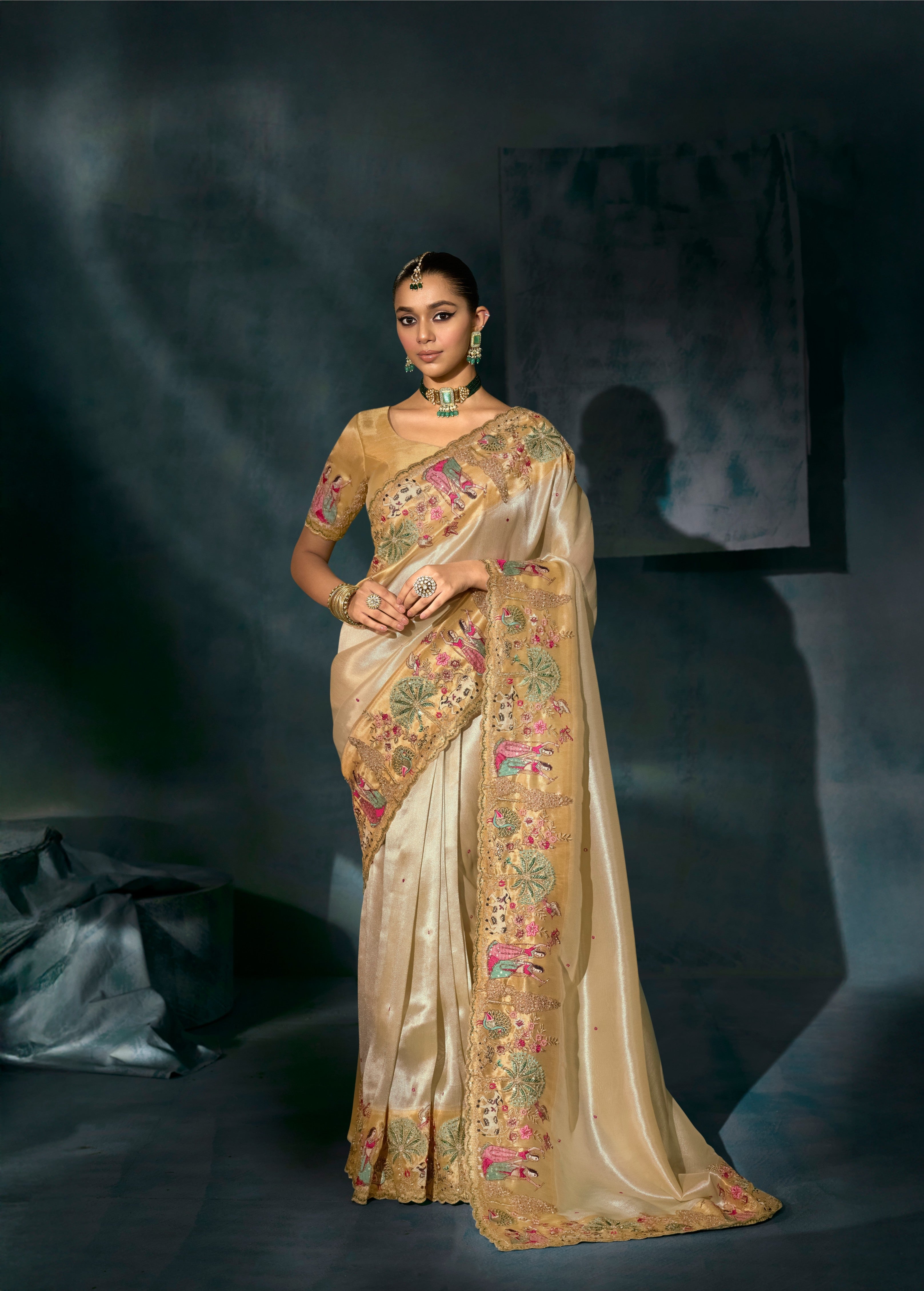 Cream Pure Ziraf Silk Jari Thread Handwork Saree