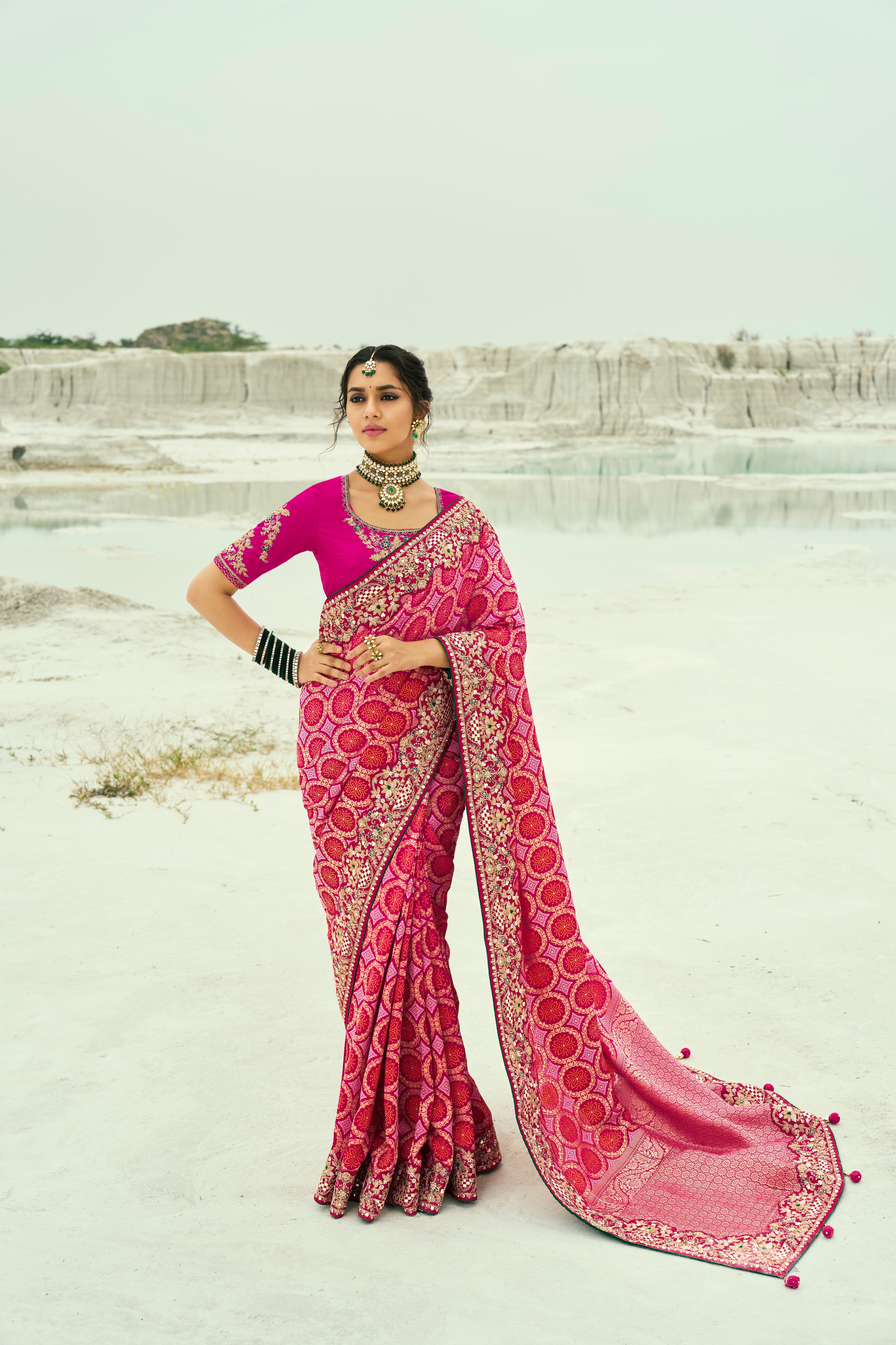 Red Rani Pure Georgette Cutdana Work Saree