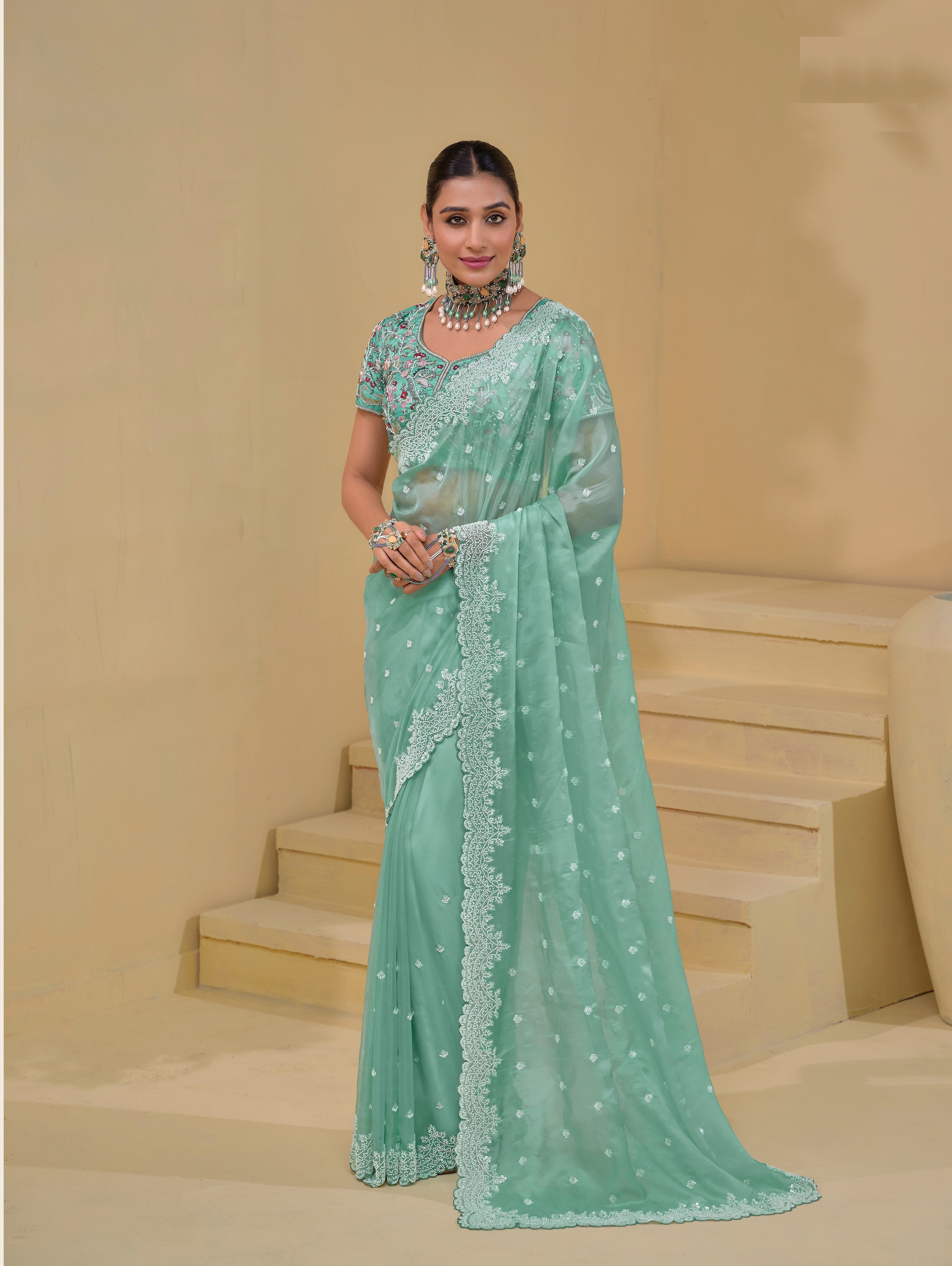 Sea Green Banarasi Sequence Work Saree