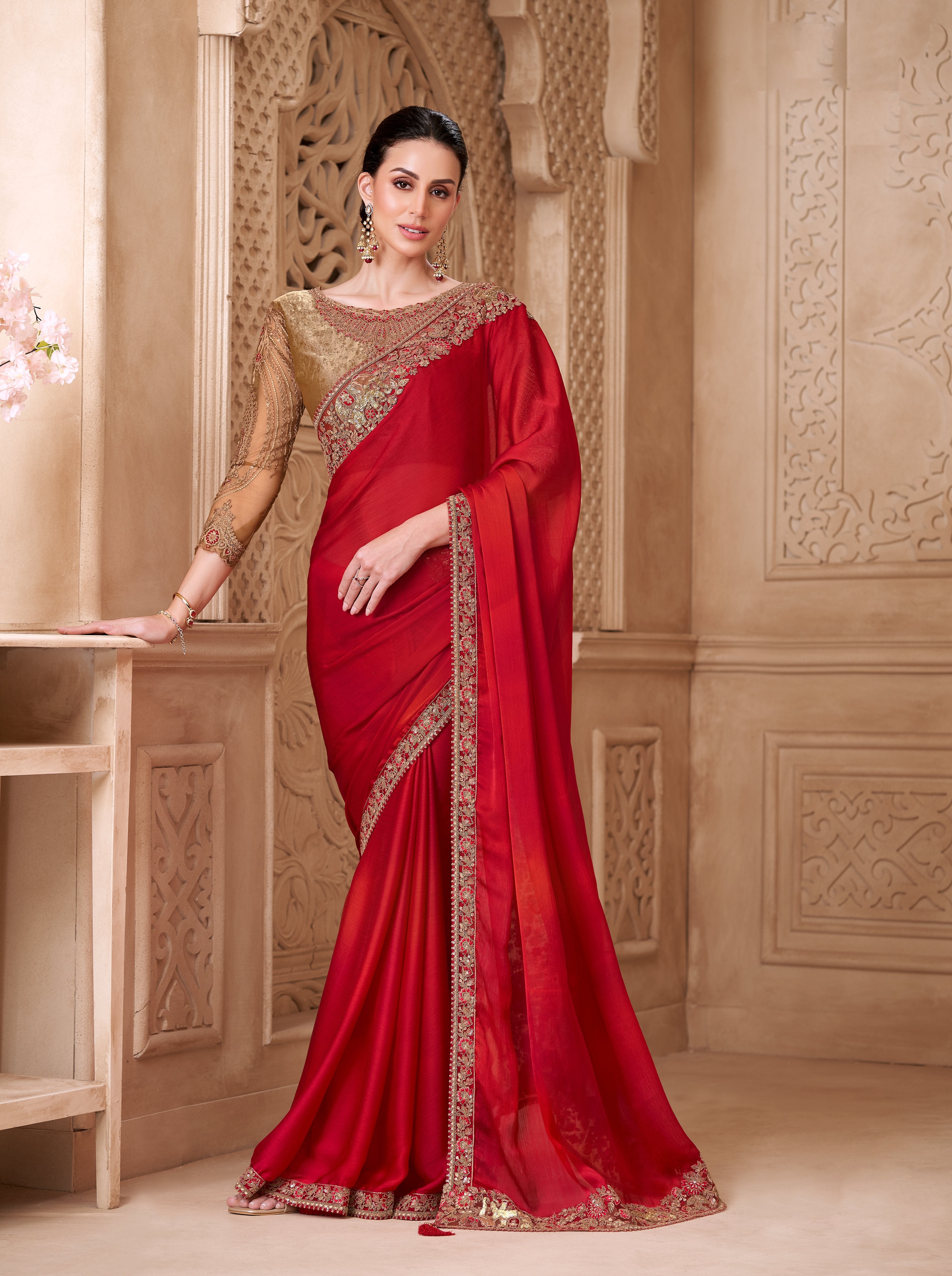 Red Satin Silk Georgette Brocade Work Saree