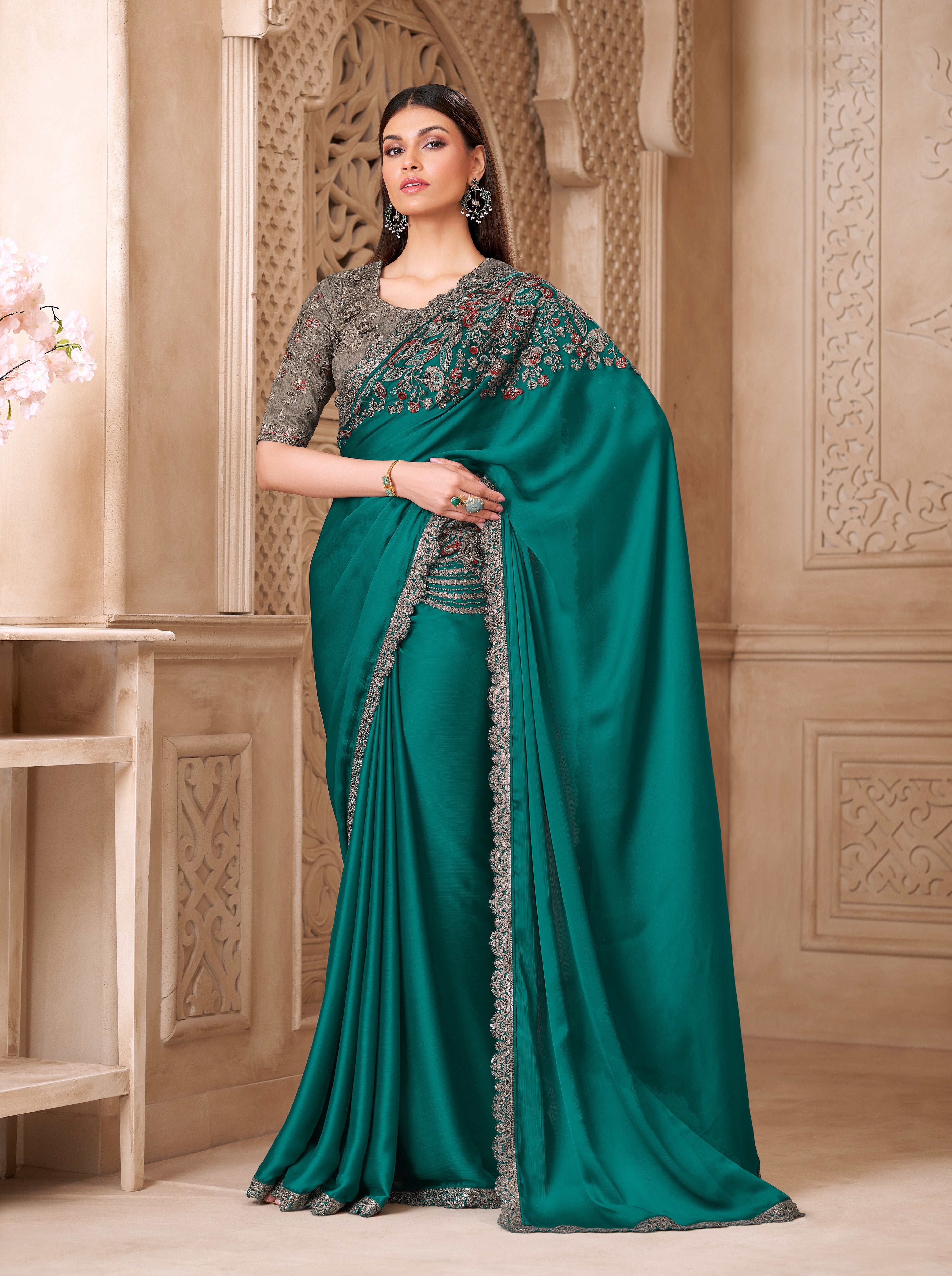 Teal Blue Satin Silk Tussar Work Saree