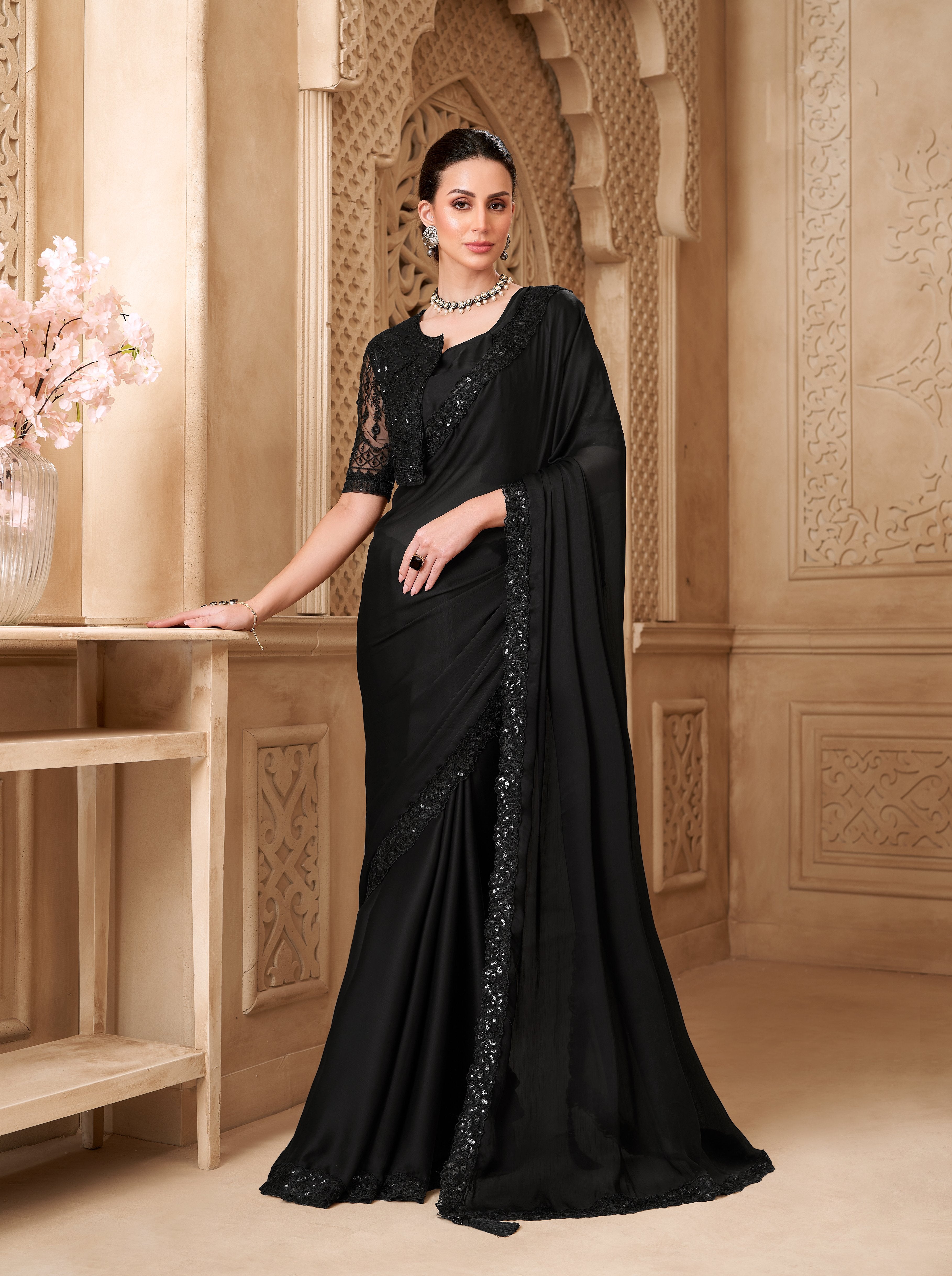 Black Satin Georgette Jacket Work Saree