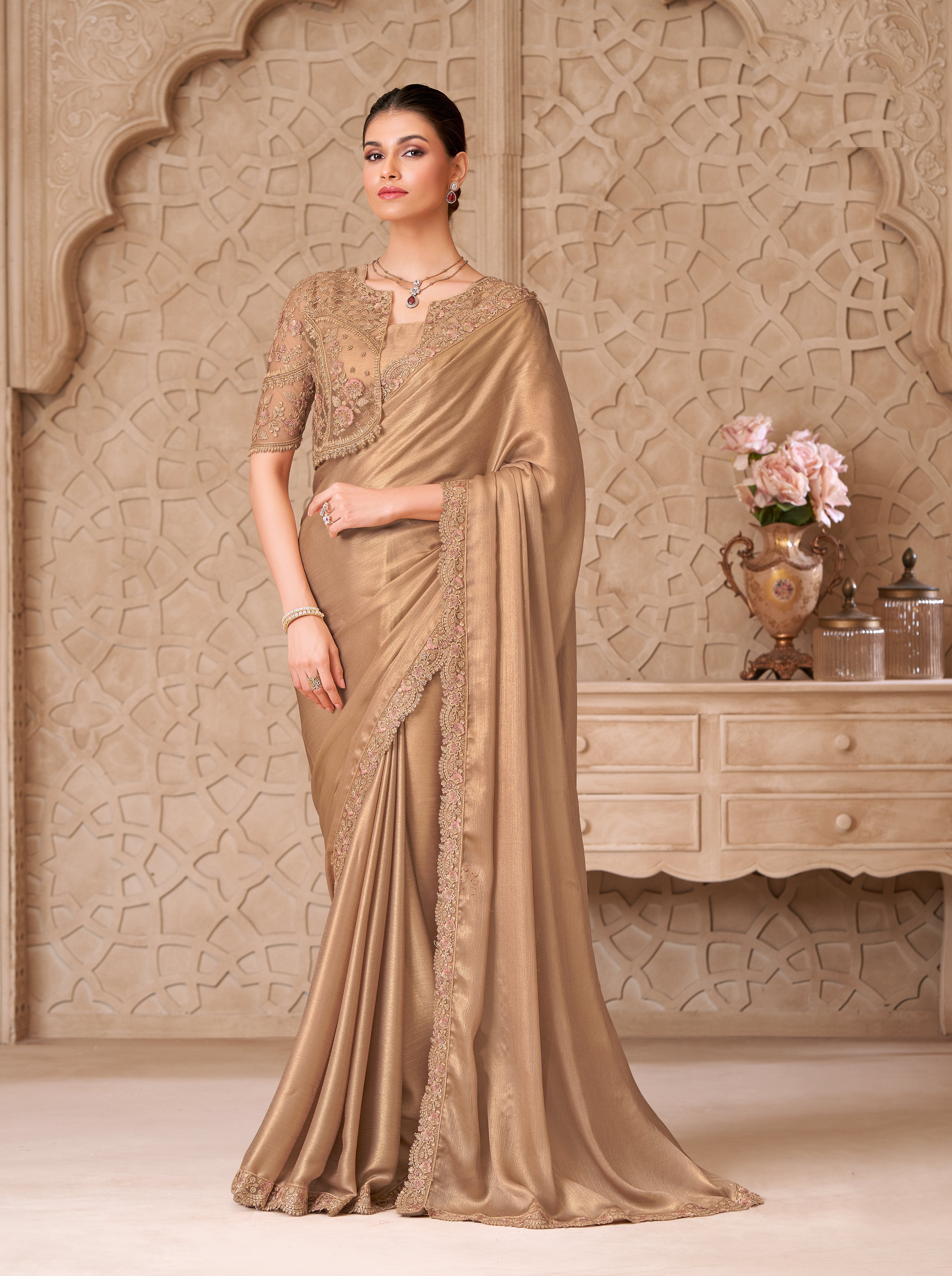 Gold Satin Georgette Jacket Work Saree