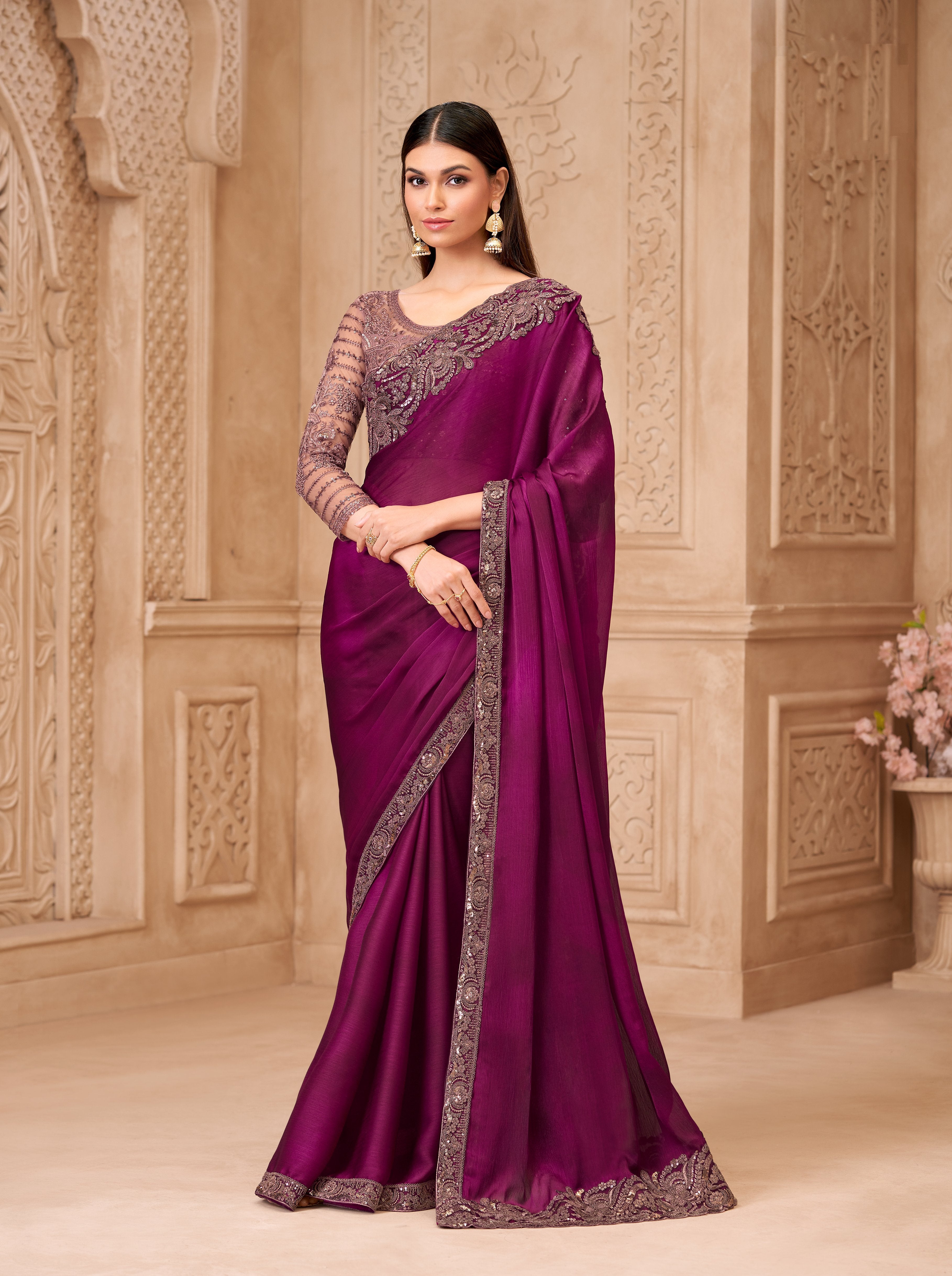 Wine Satin Georgette Brocade Silk Work Saree