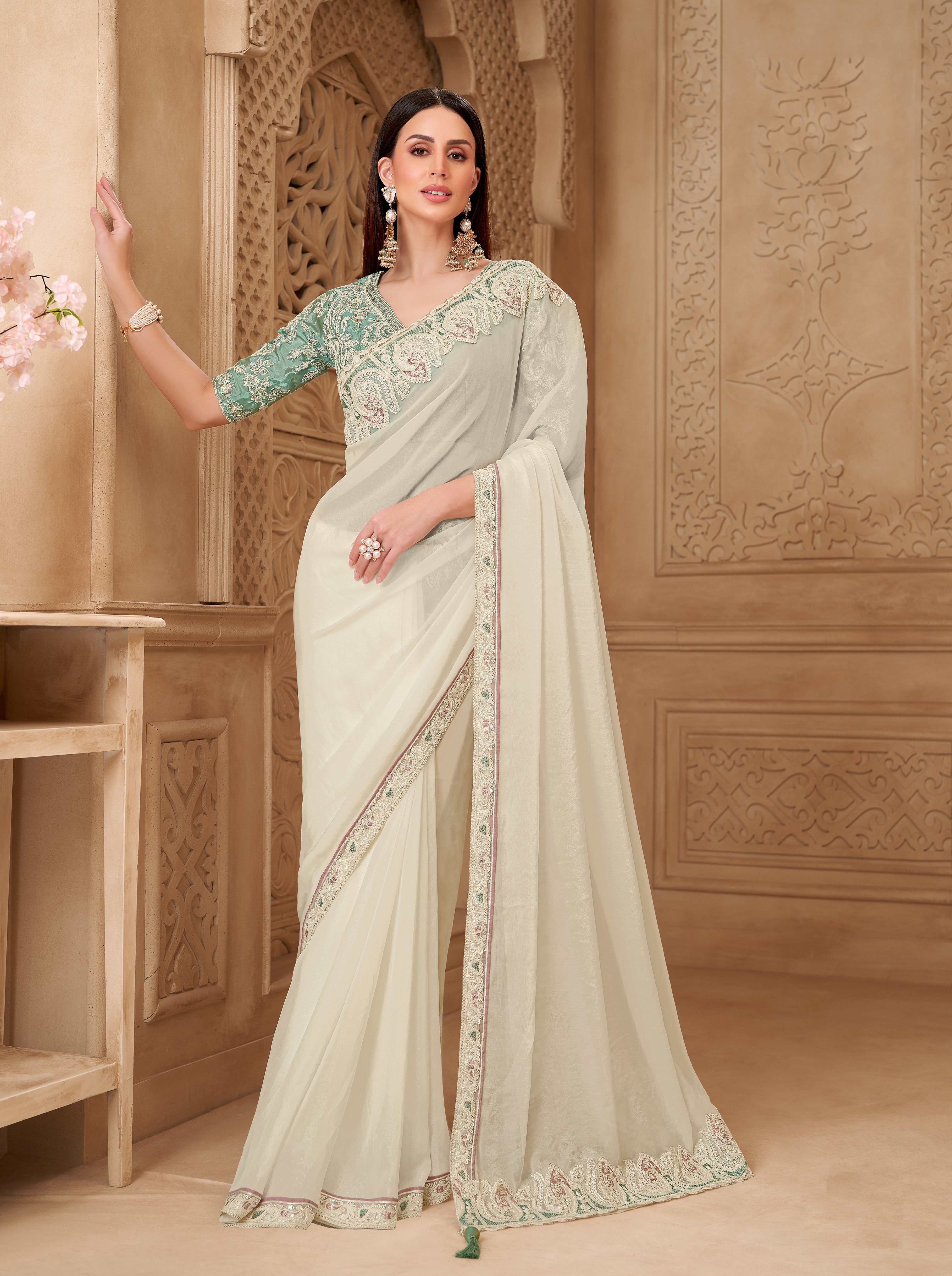 White Georgette Silk Satin Work Saree