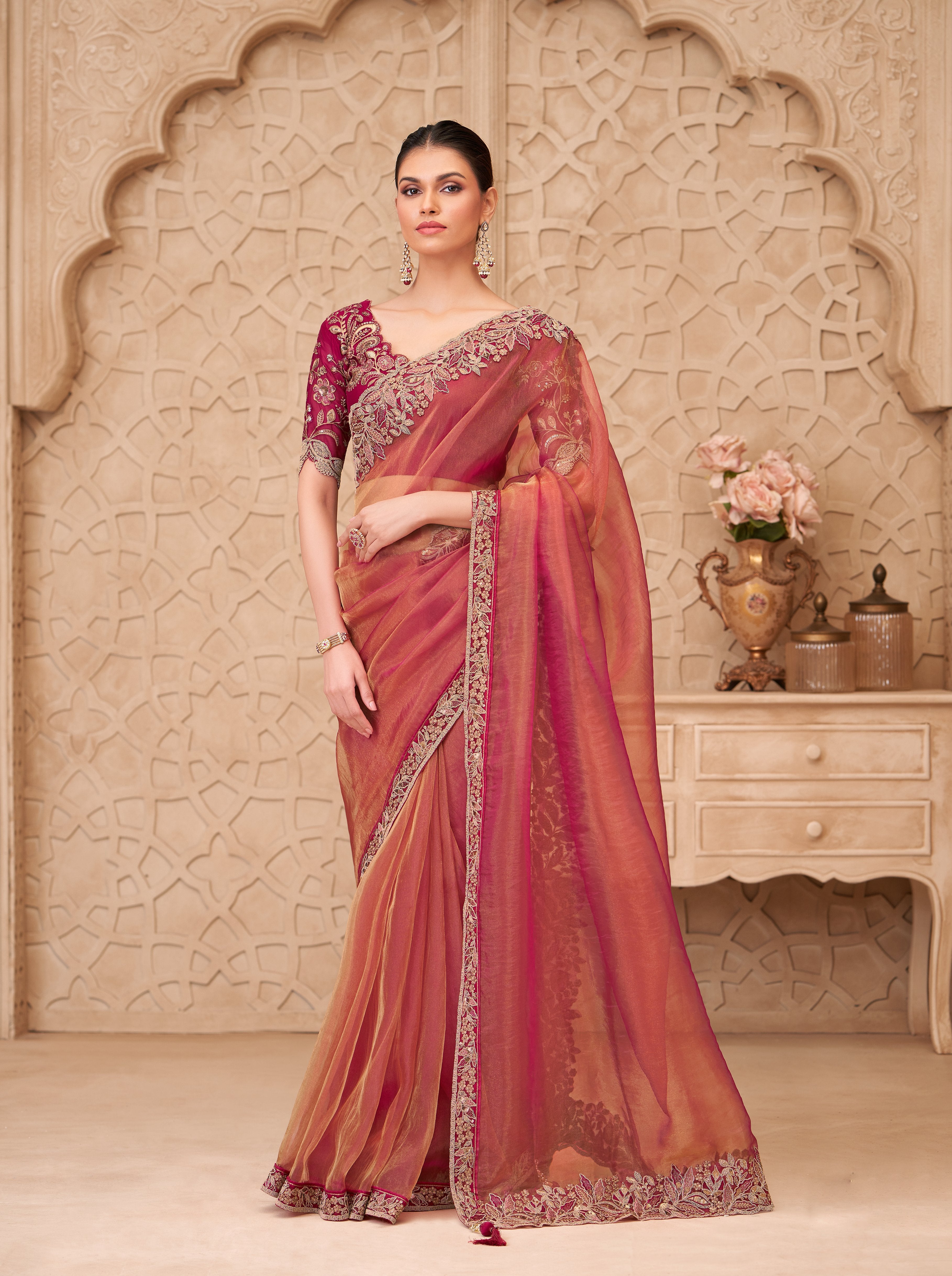 Peach Georgette Silk Embroidery Work Saree