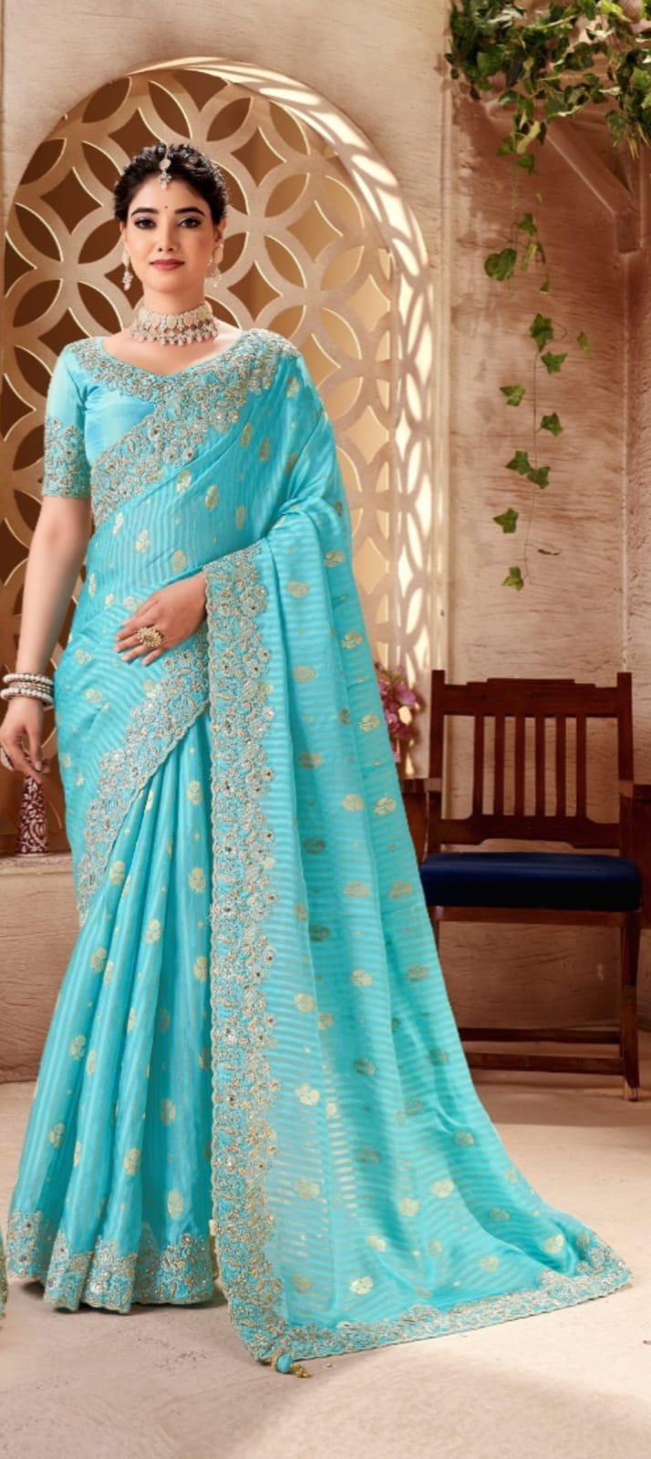 Blue Tissue Silk Mirror Work Saree