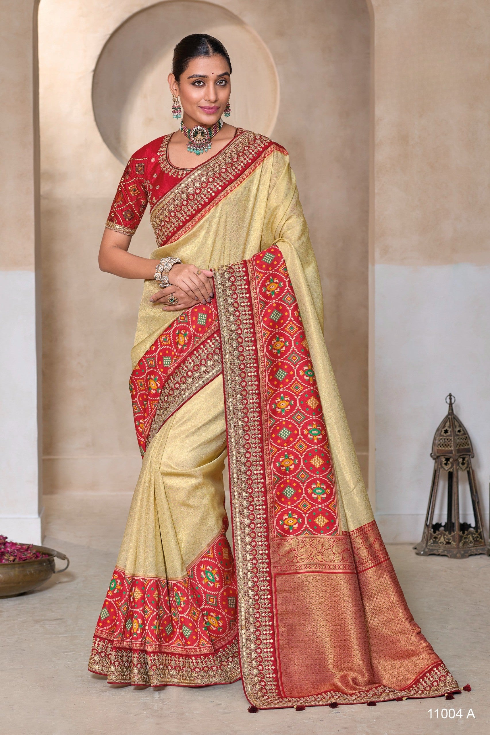 Luxurious Green and Red Banarasi Silk Designer Saree