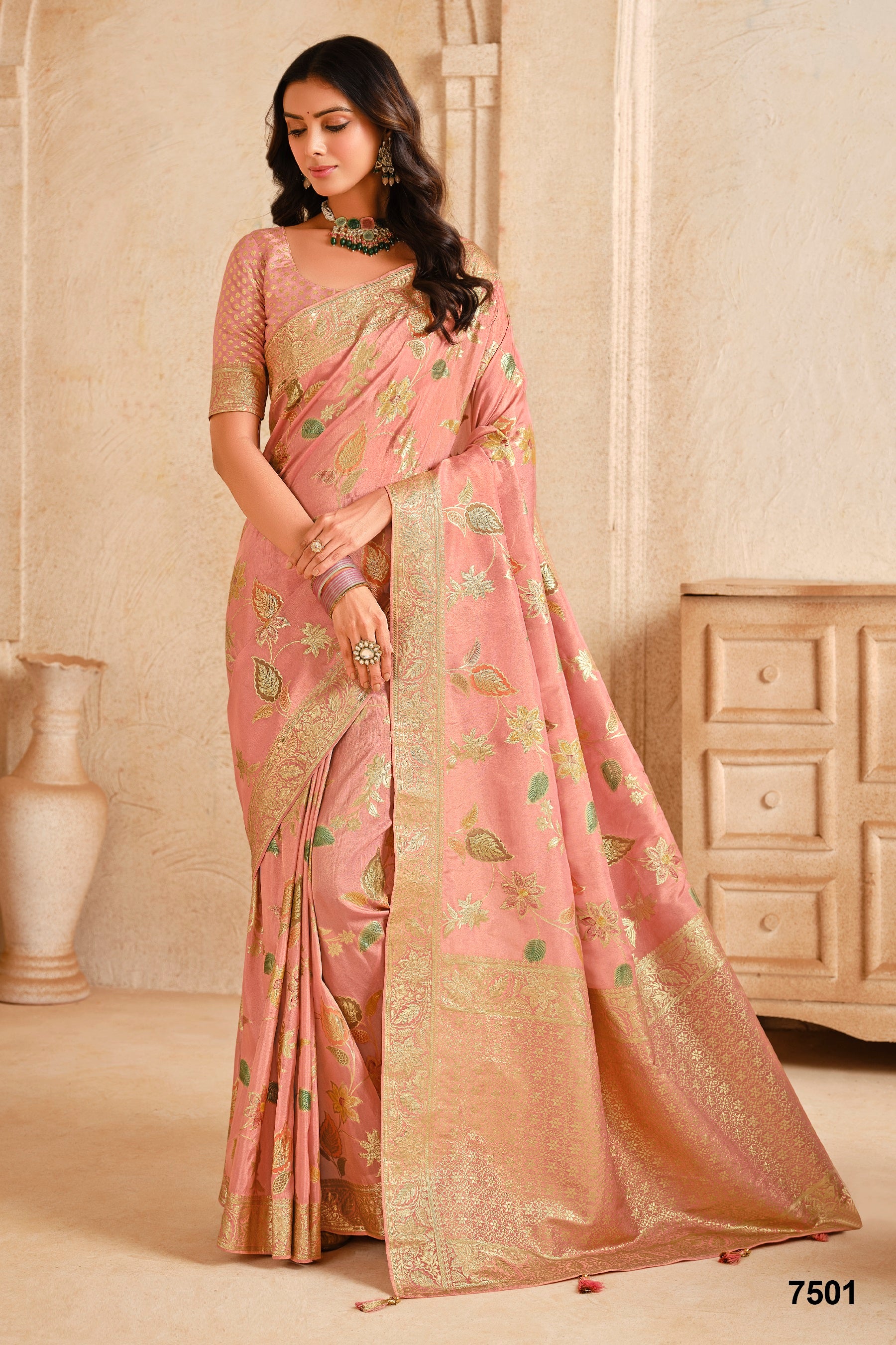 Traditional Peach Silk Party Wear Saree