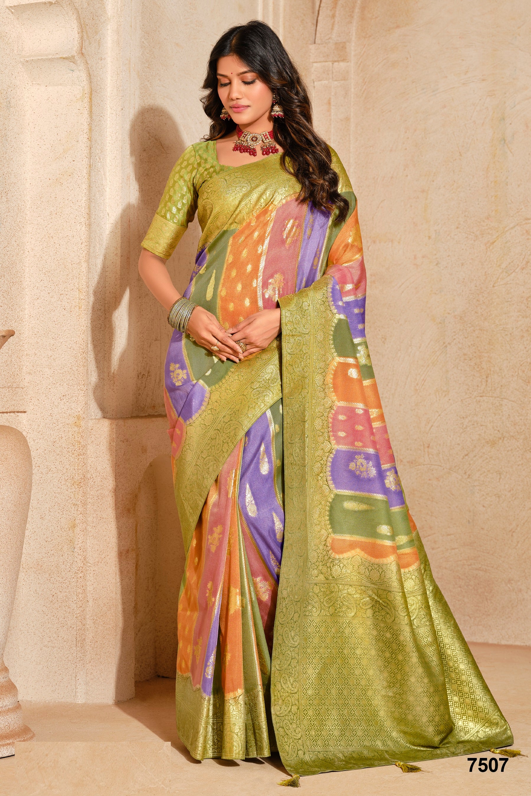 Traditional Green and Pink Silk Party Wear Saree