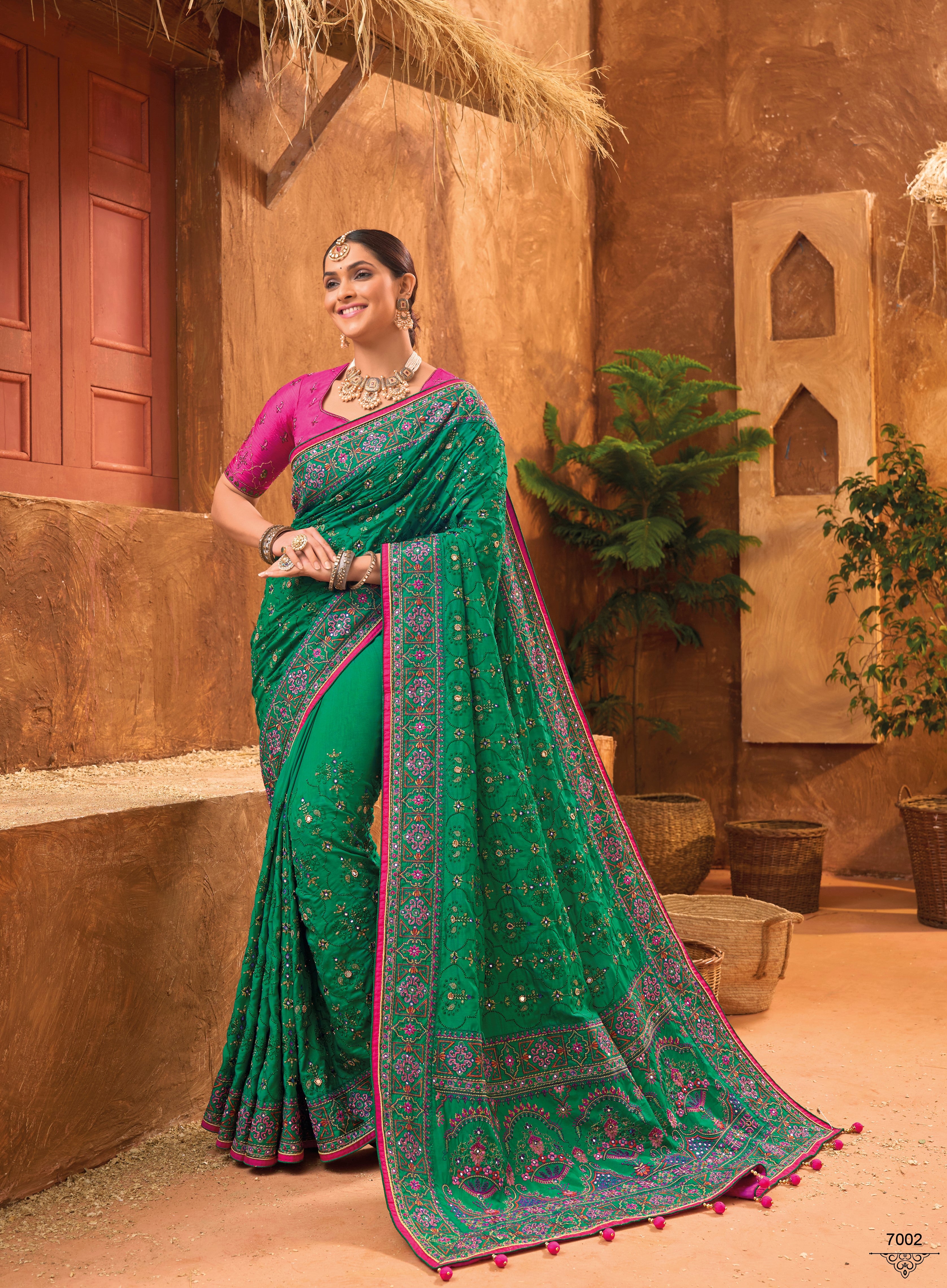 Dark Green Pure Kachhi Work Wedding Wear Saree