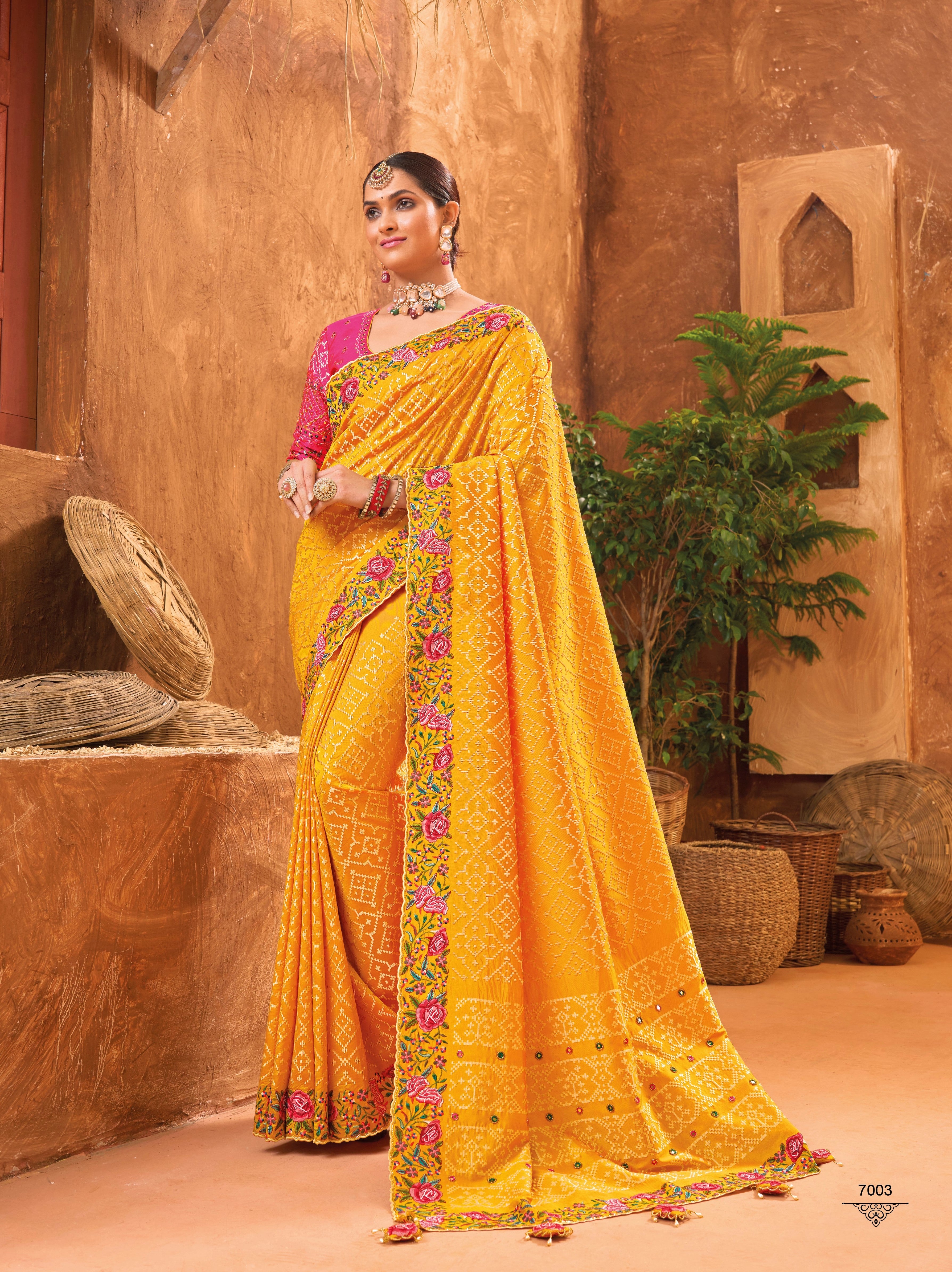 Yellow Pure Kachhi Work Wedding Wear Saree