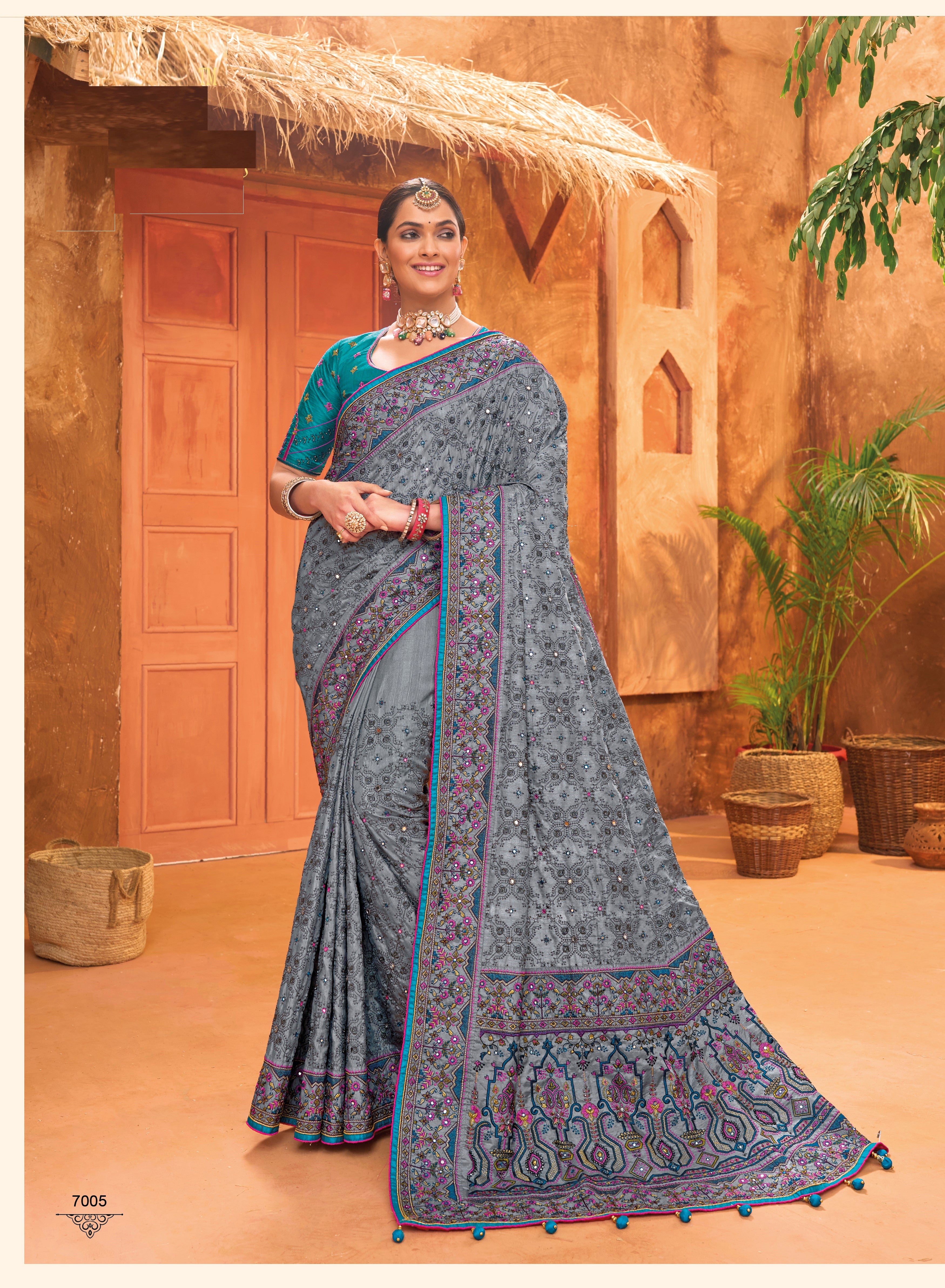 Grey Pure Kachhi Work Wedding Wear Saree