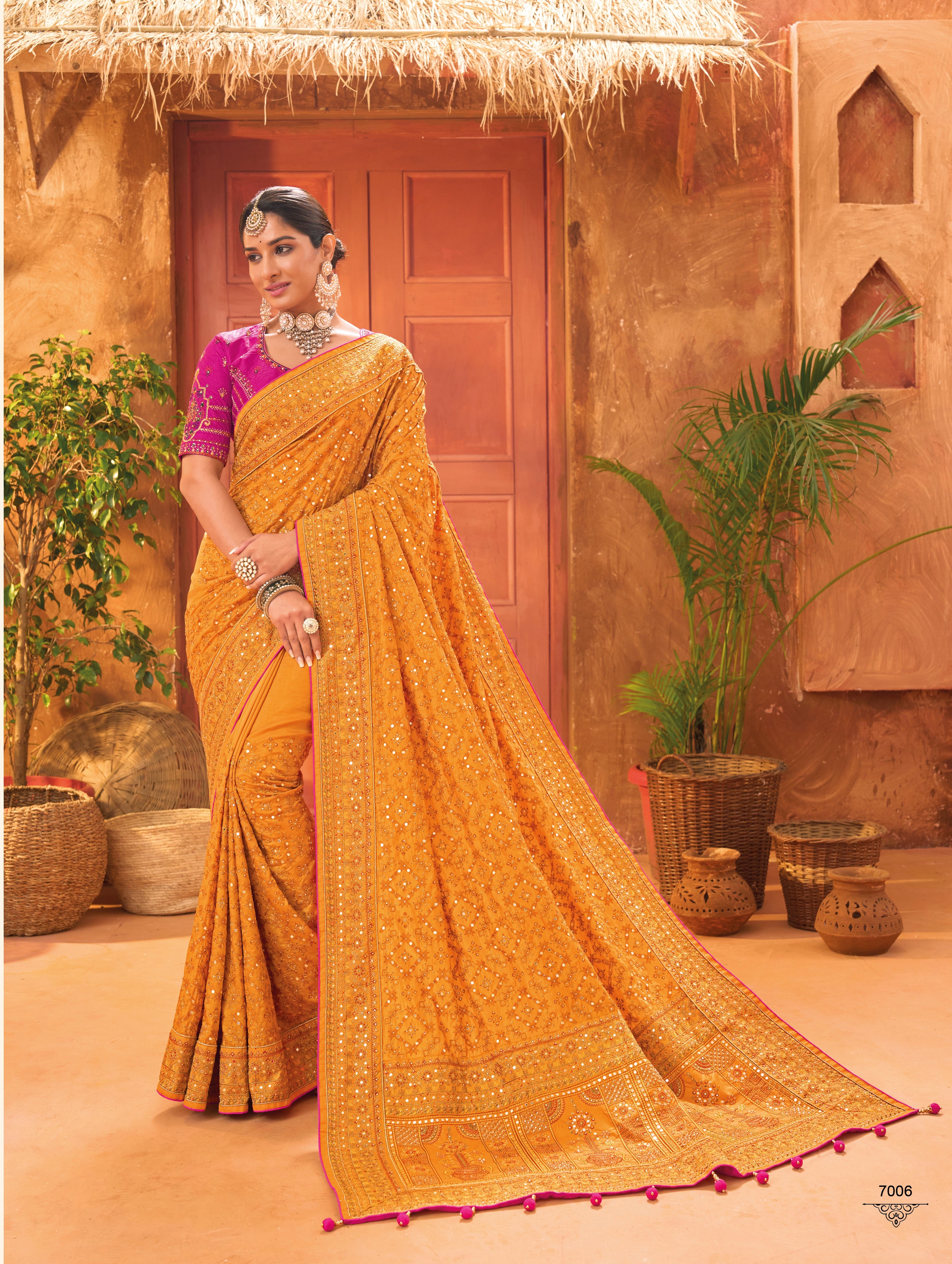 Mustard & Fuchsia Pure Kachhi Work Party Wear Saree