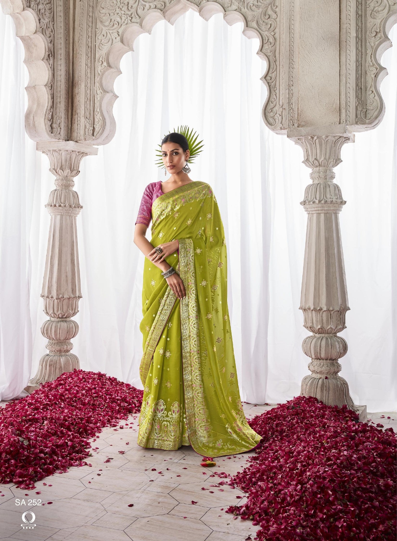 Parrot Green Kora Silk Festival Wear Saree