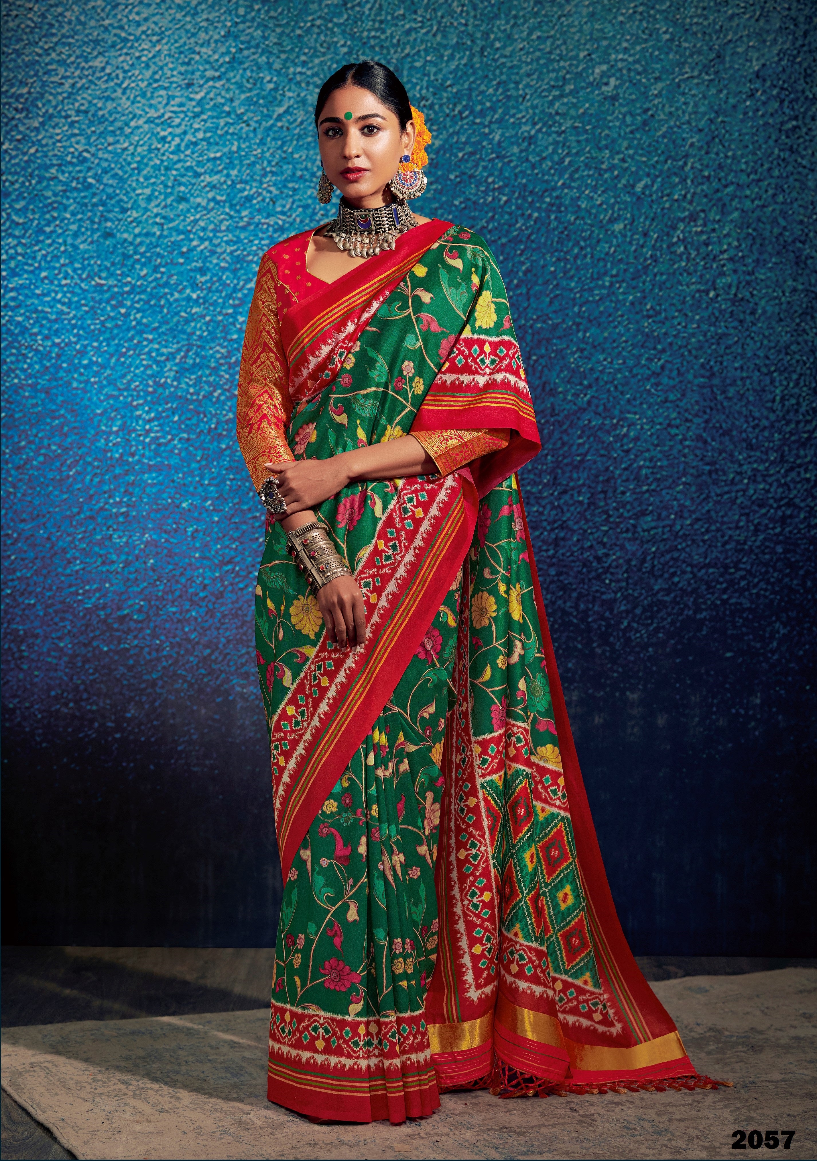Green and Red Tussar Silk Kalamkari Print Festival Wear Saree