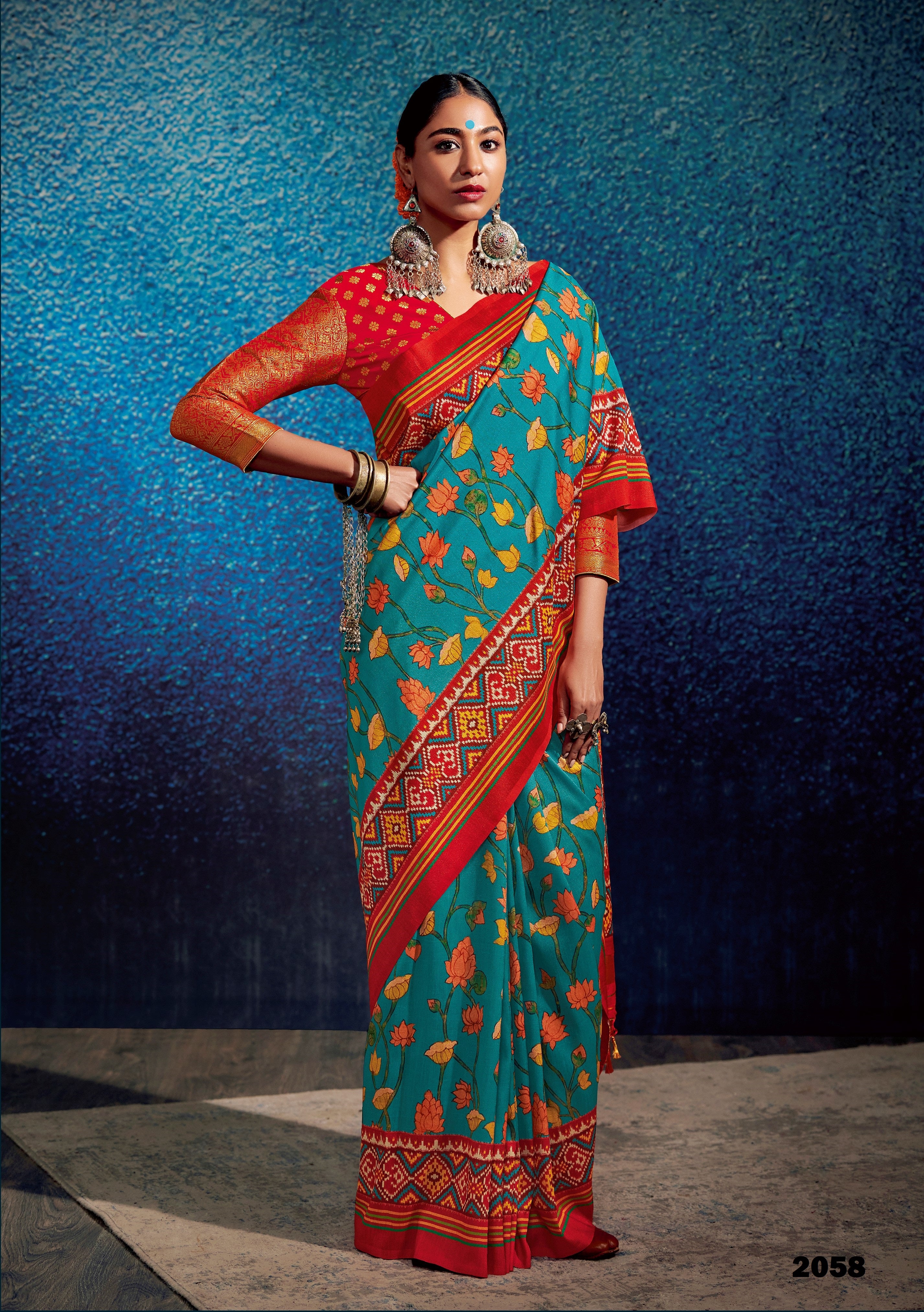 Aqua Blue Tussar Silk Kalamkari Print Festival Wear Saree