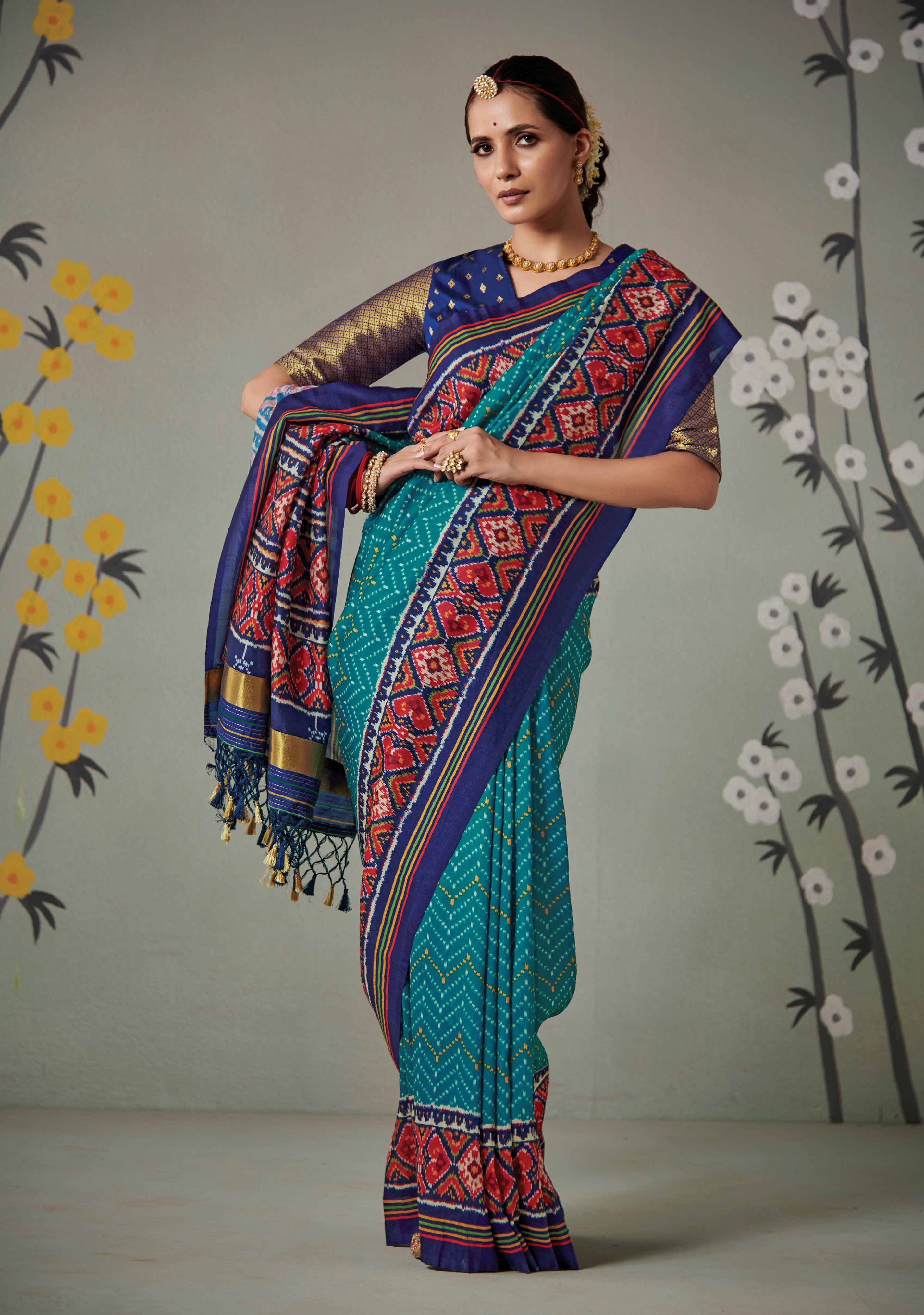 Aqua Blue Tussar Silk Patola Festival Wear Saree