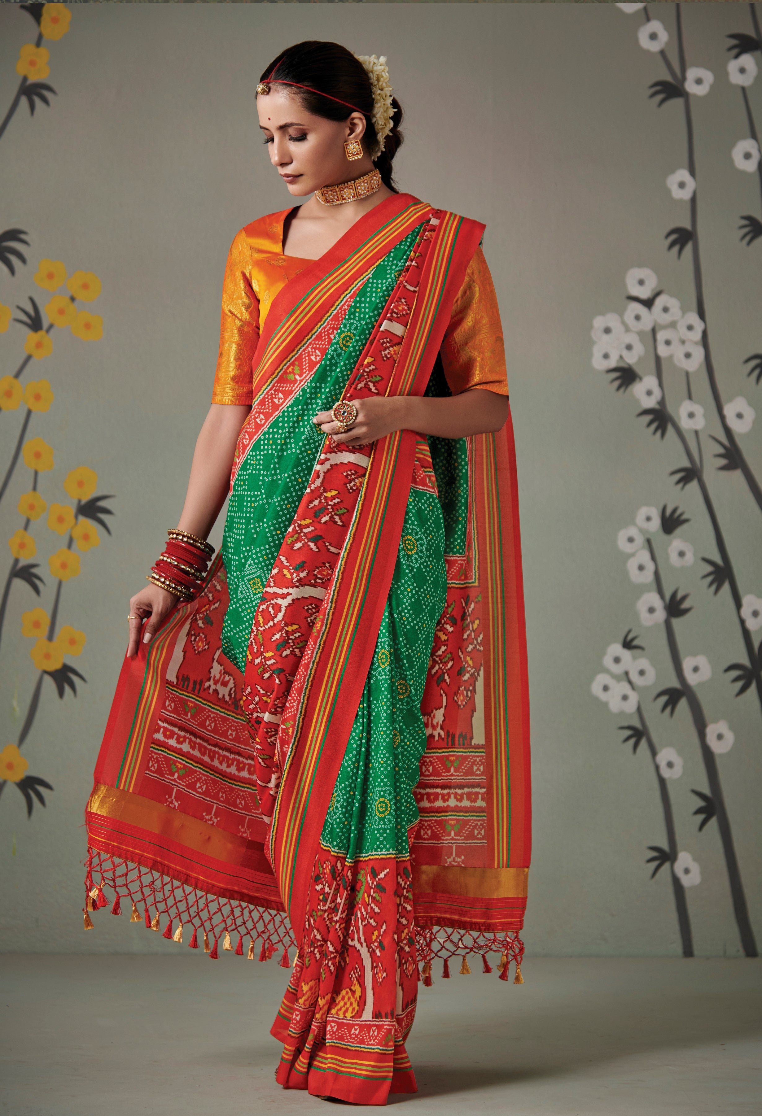 Green and Red Tussar Silk Patola Festival Wear Saree