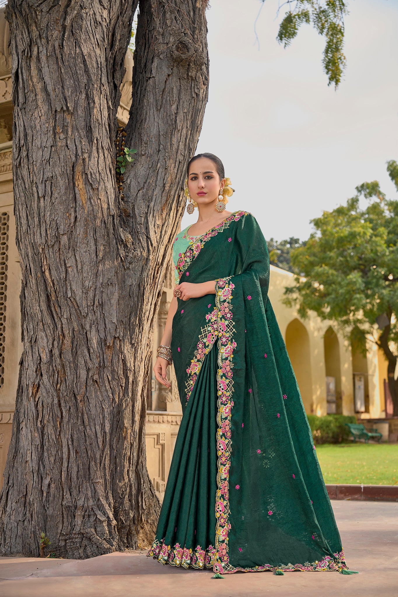 Dark Green Tissue Organza Silk Embroidery Party Wear Saree