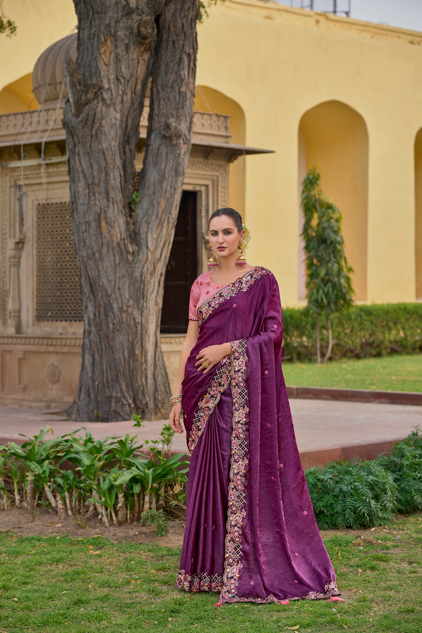 Purple Tissue Organza Silk Embroidery Party Wear Saree