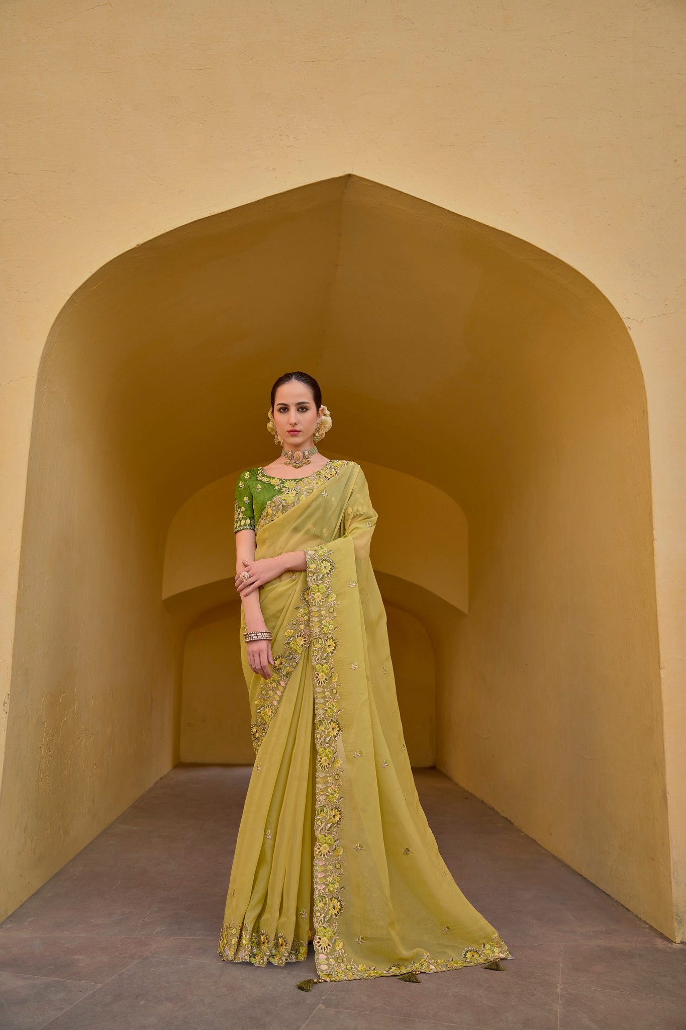 Yellow Tissue Organza Silk Embroidery Party Wear Saree