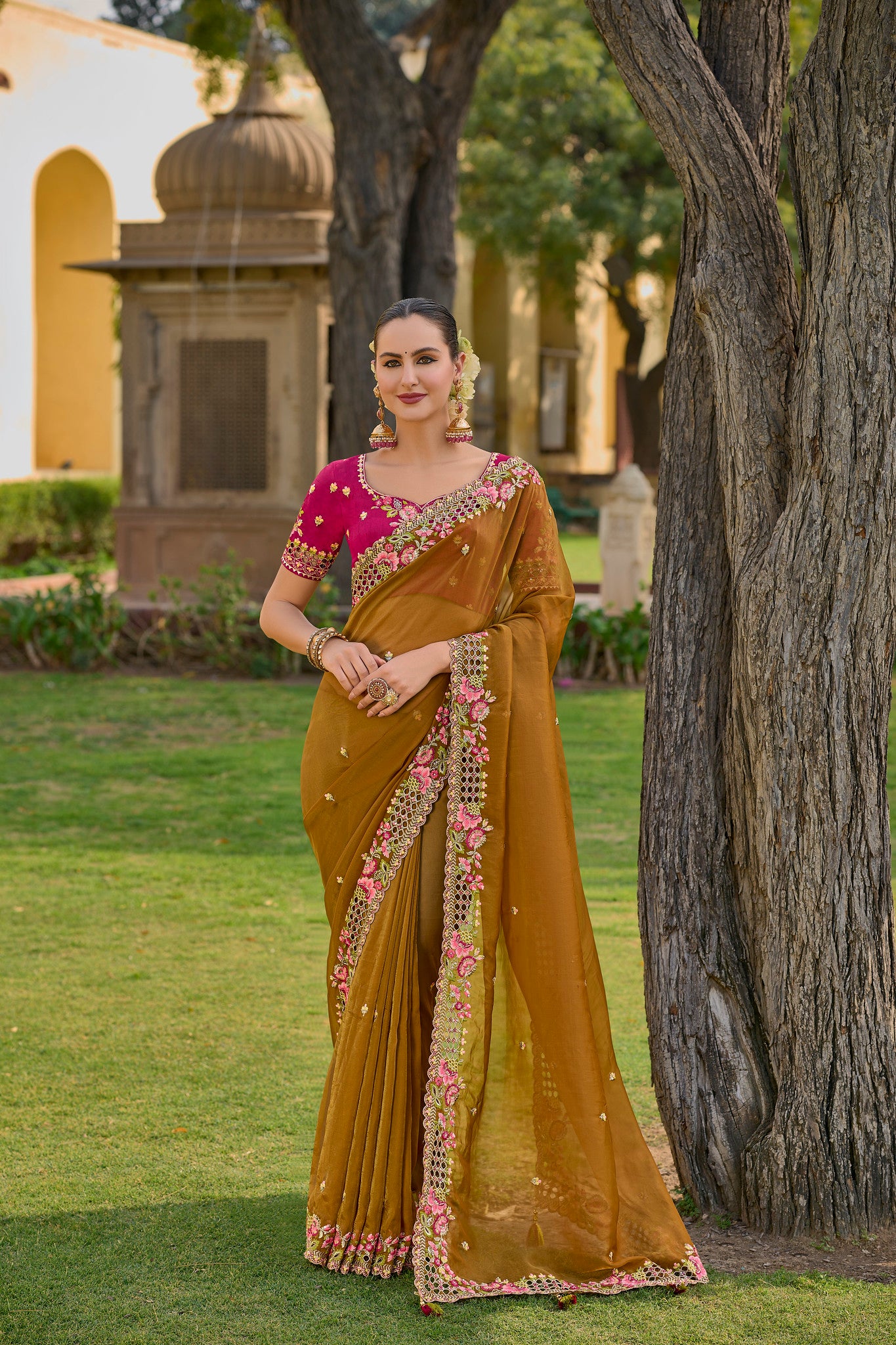 Mustard Yellow Tissue Organza Silk Embroidery Party Wear Saree