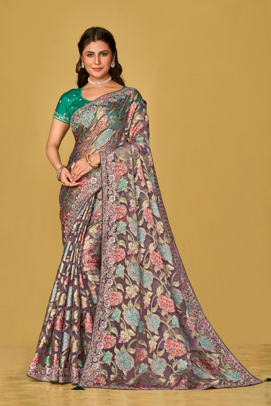 Grey Organza Brasso Festival Wear Saree