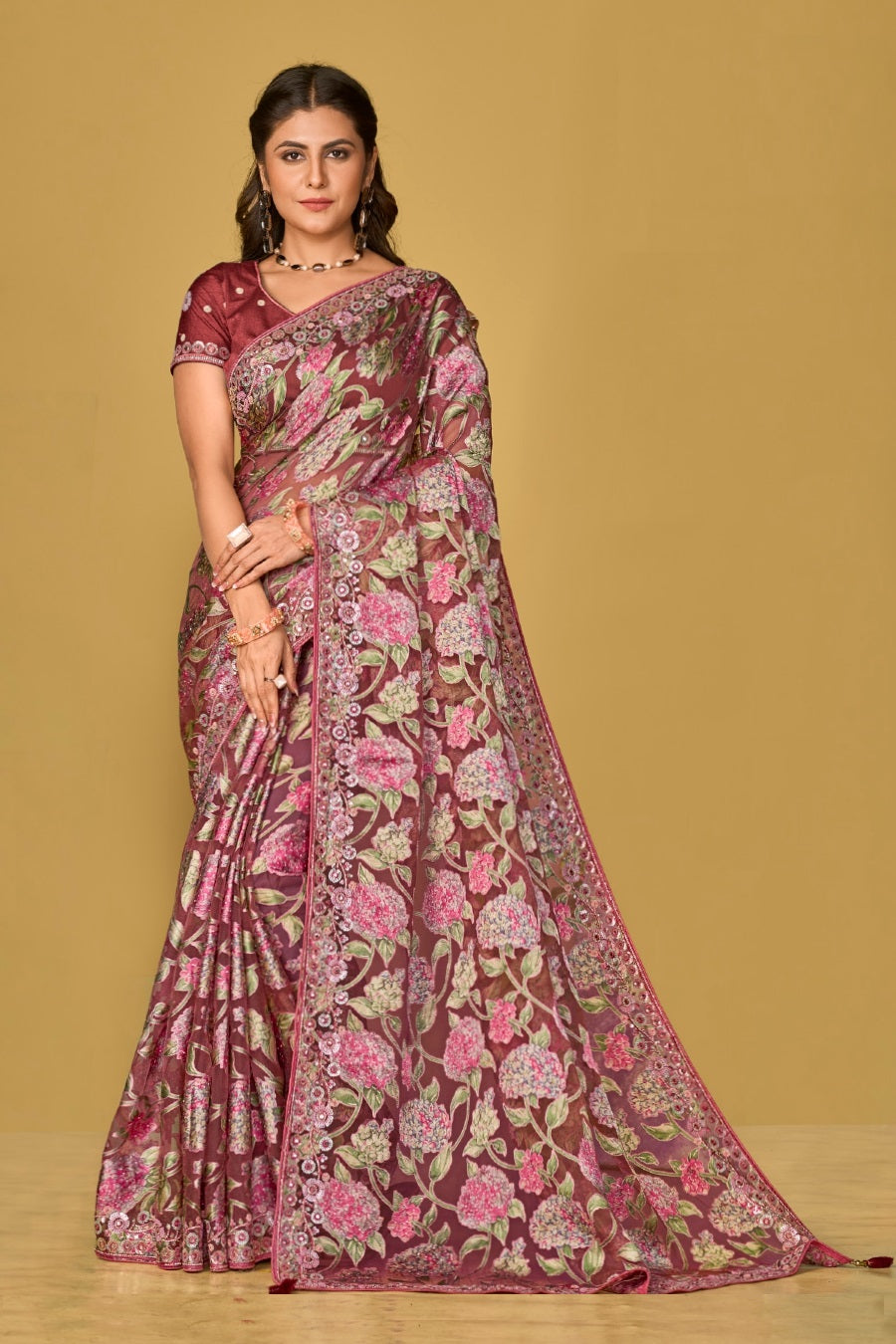 Maroon Organza Brasso Festival Wear Saree