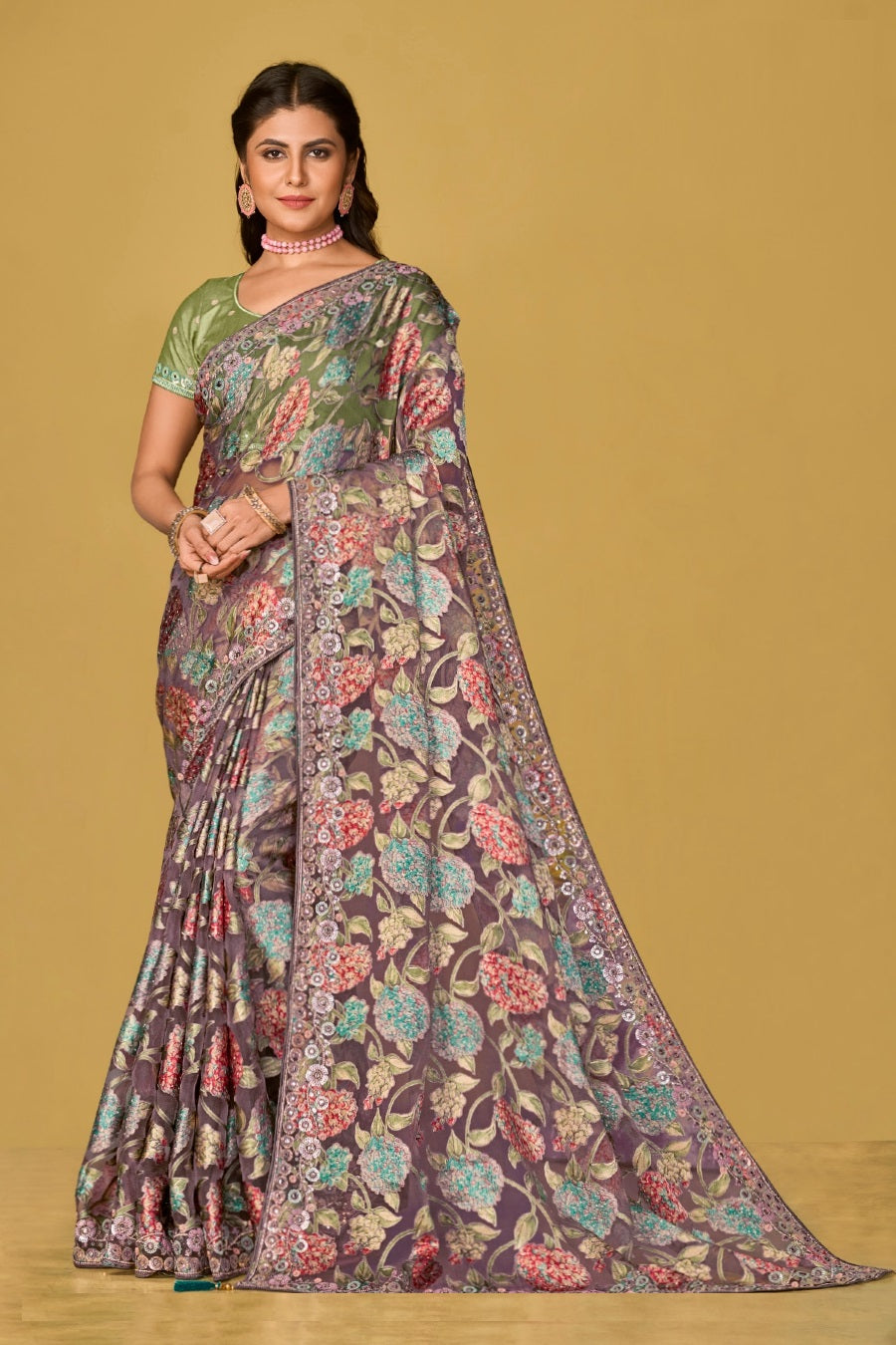 Grey And Green Organza Brasso Festival Wear Saree