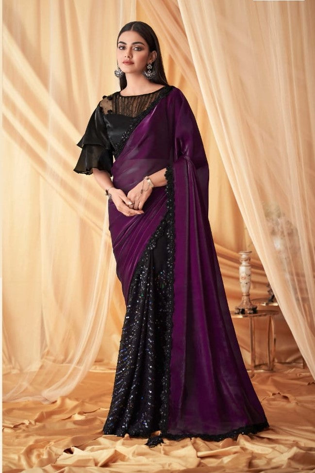 Purple and Black Glass Silk Georgette Party Wear Saree