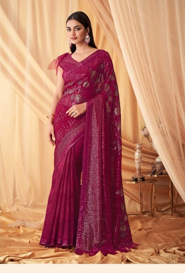 Magenta Pink Glass Silk Georgette Party Wear Saree