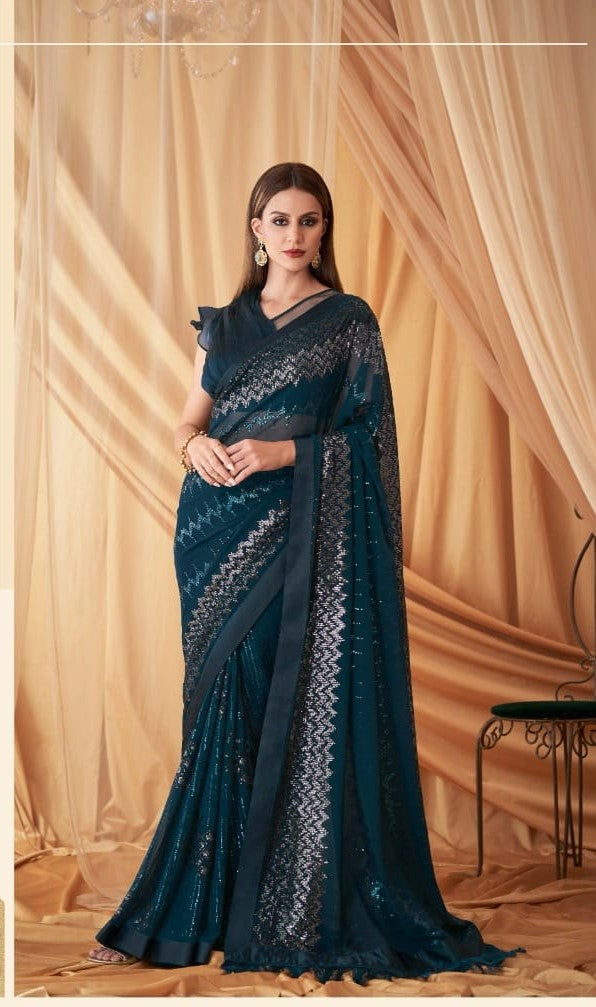 Teal Glass Silk Georgette Party Wear Saree