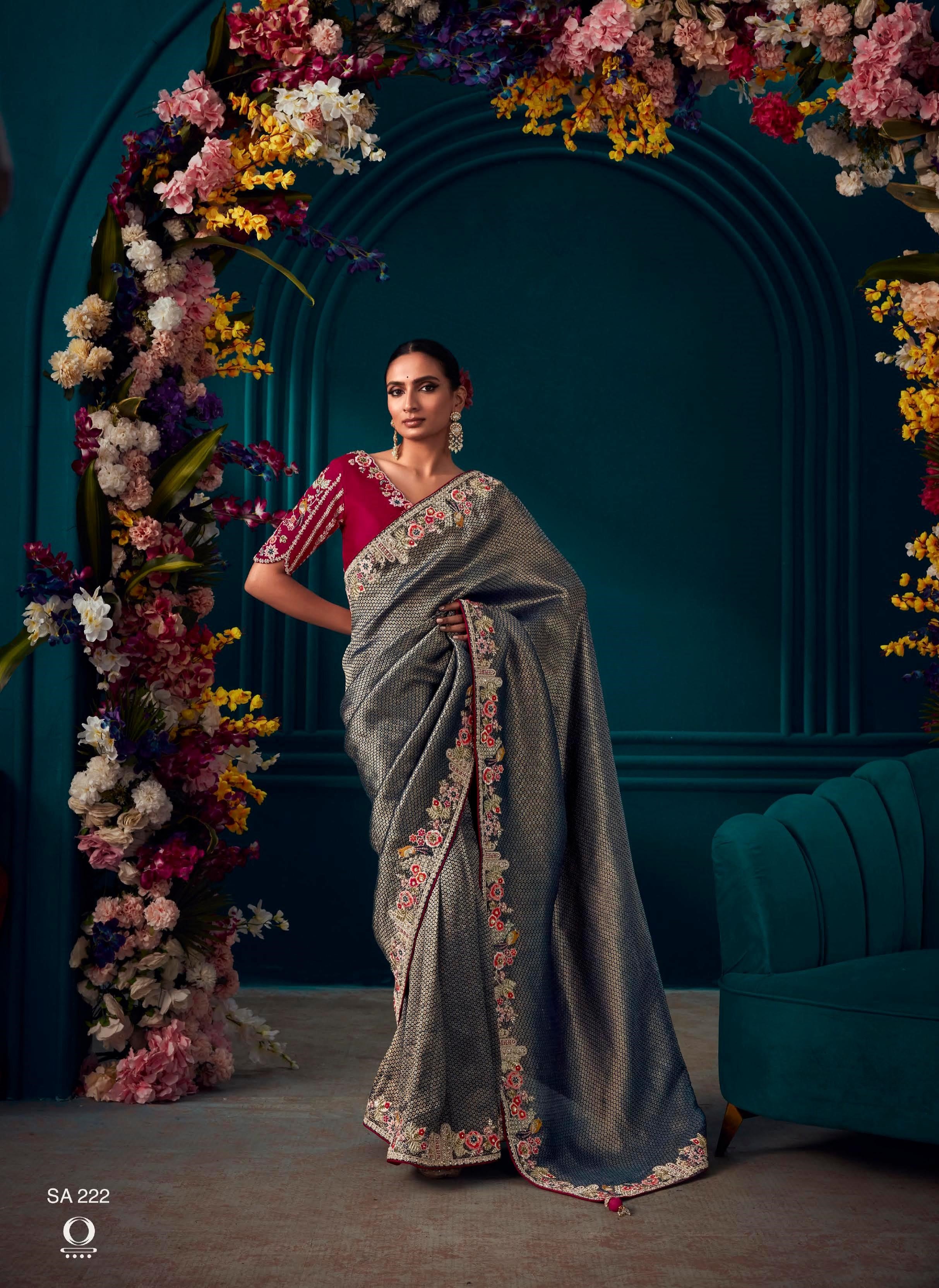 Dark Gray Banarasi Kanjivaram Party Wear Saree