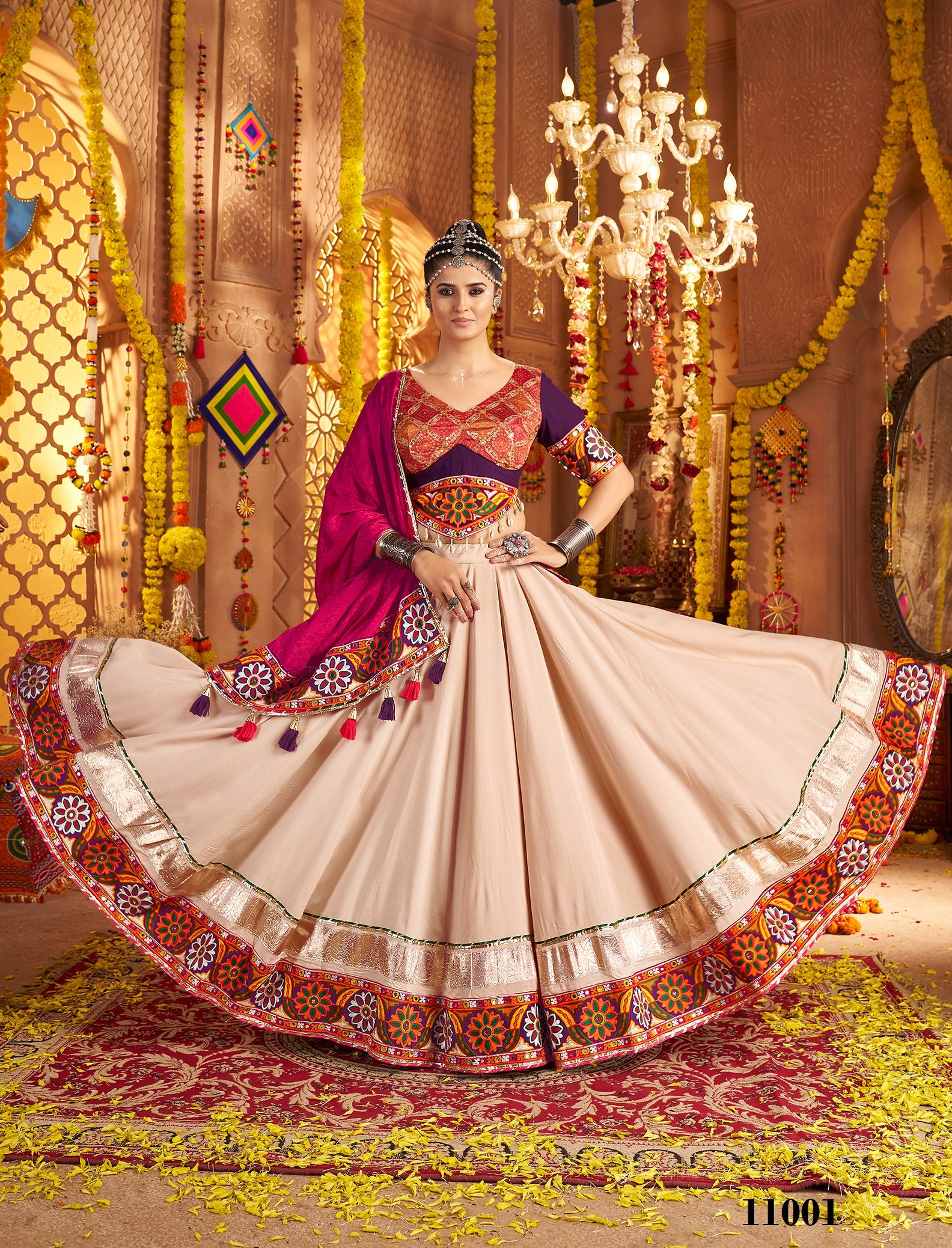 Beige Viscose Rayon Navratri Special Lehenga Choli