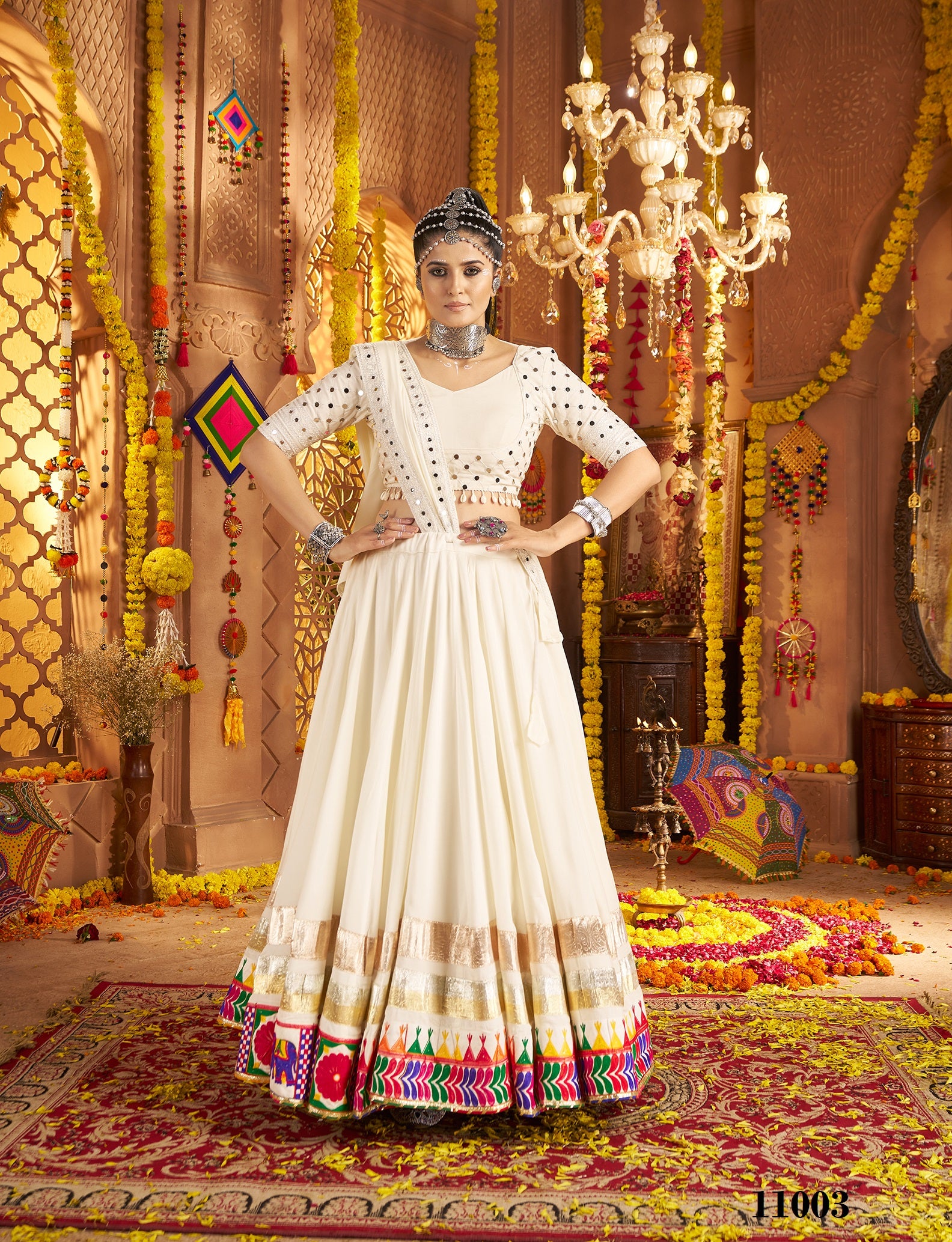 Off White Viscose Rayon Navratri Special Lehenga Choli