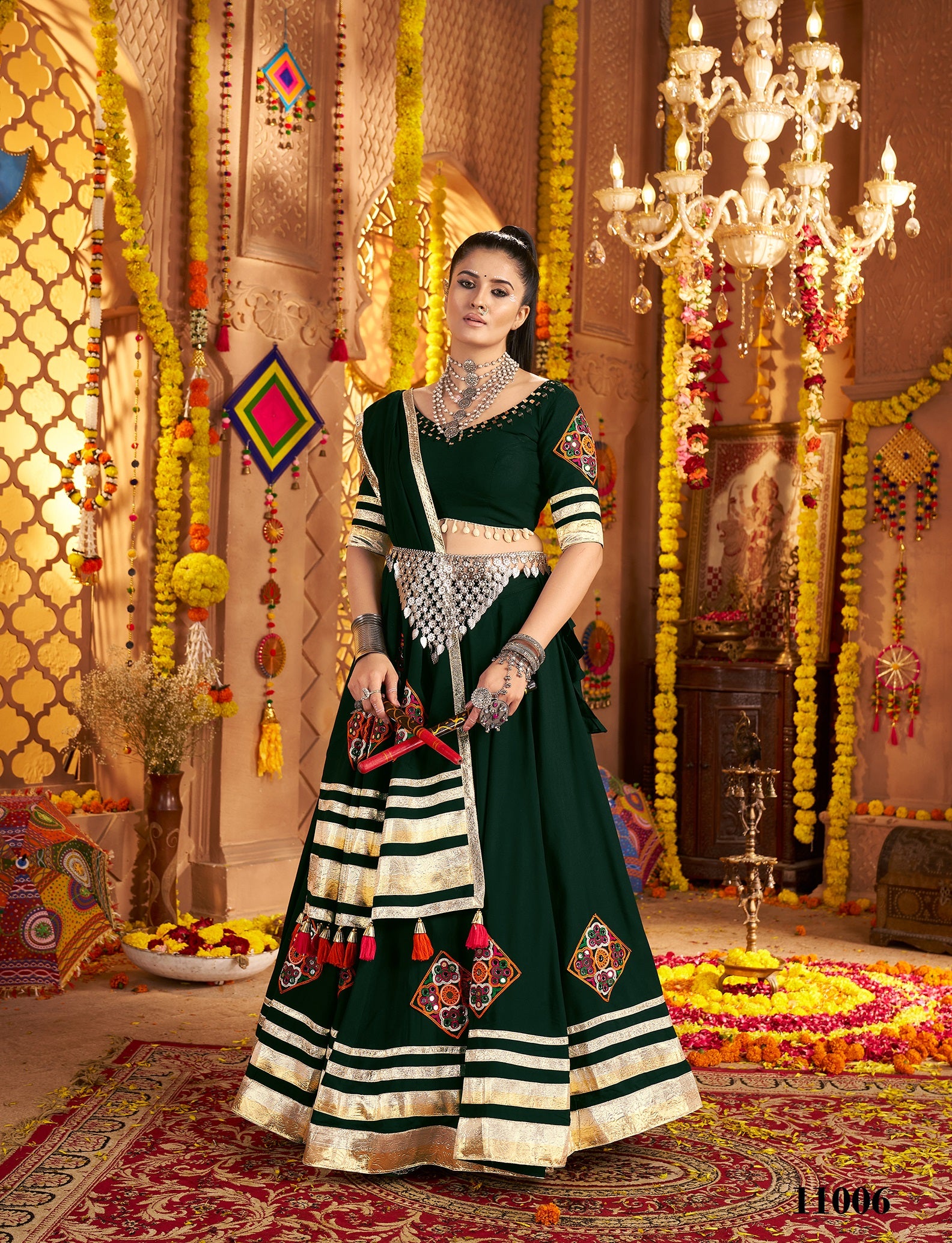 Dark Green Viscose Rayon Navratri Special Lehenga Choli