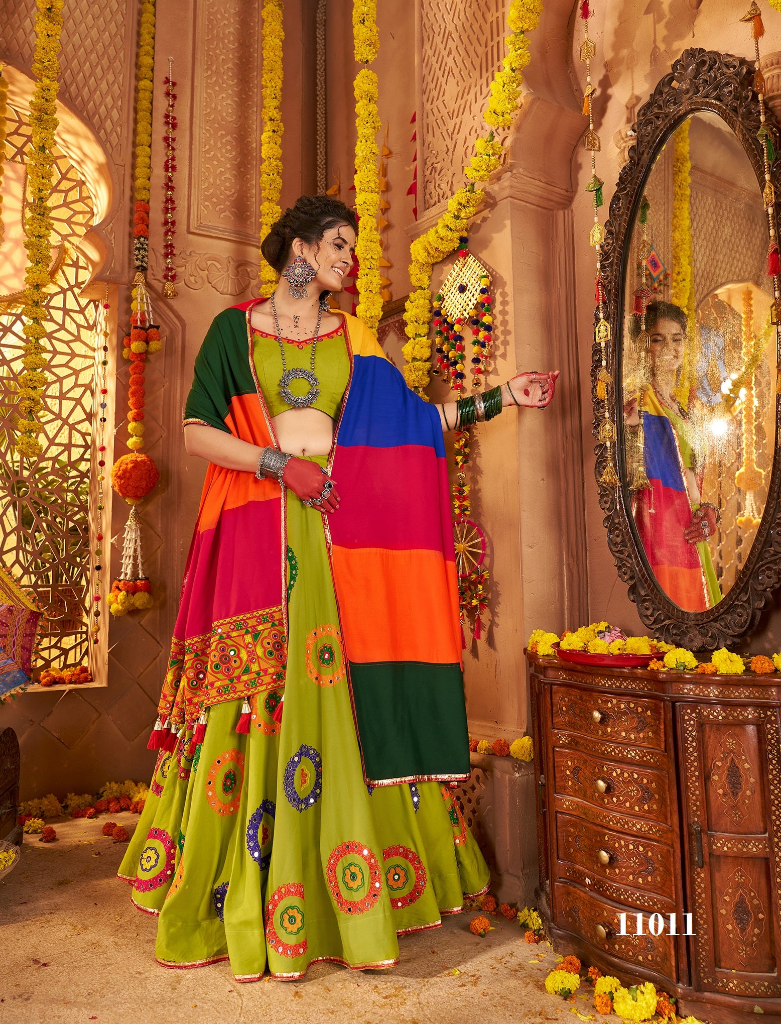 Parrot Green Viscose Rayon Navratri Special Lehenga Choli