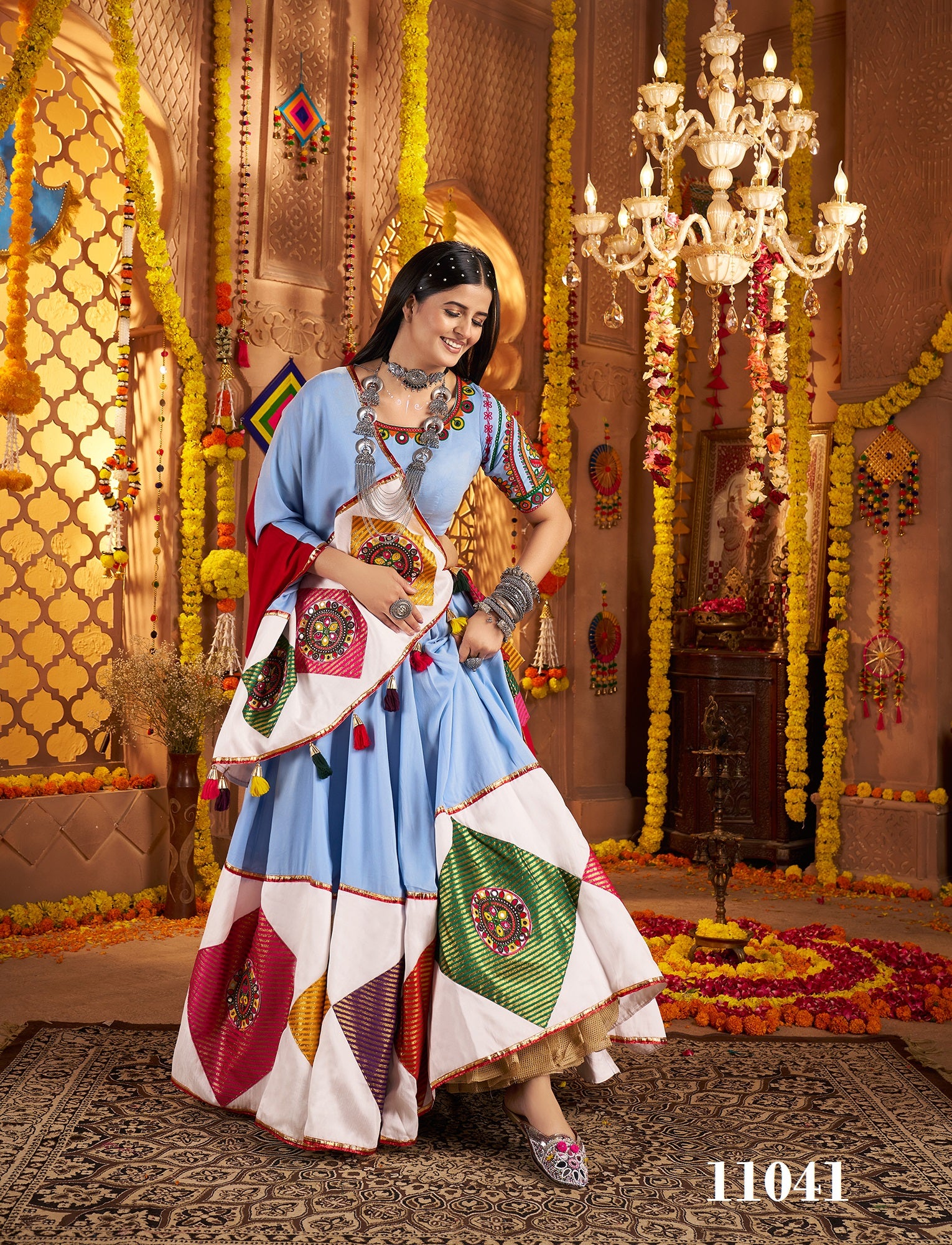 Light Blue Viscose Cotton Navratri Special Lehenga Choli