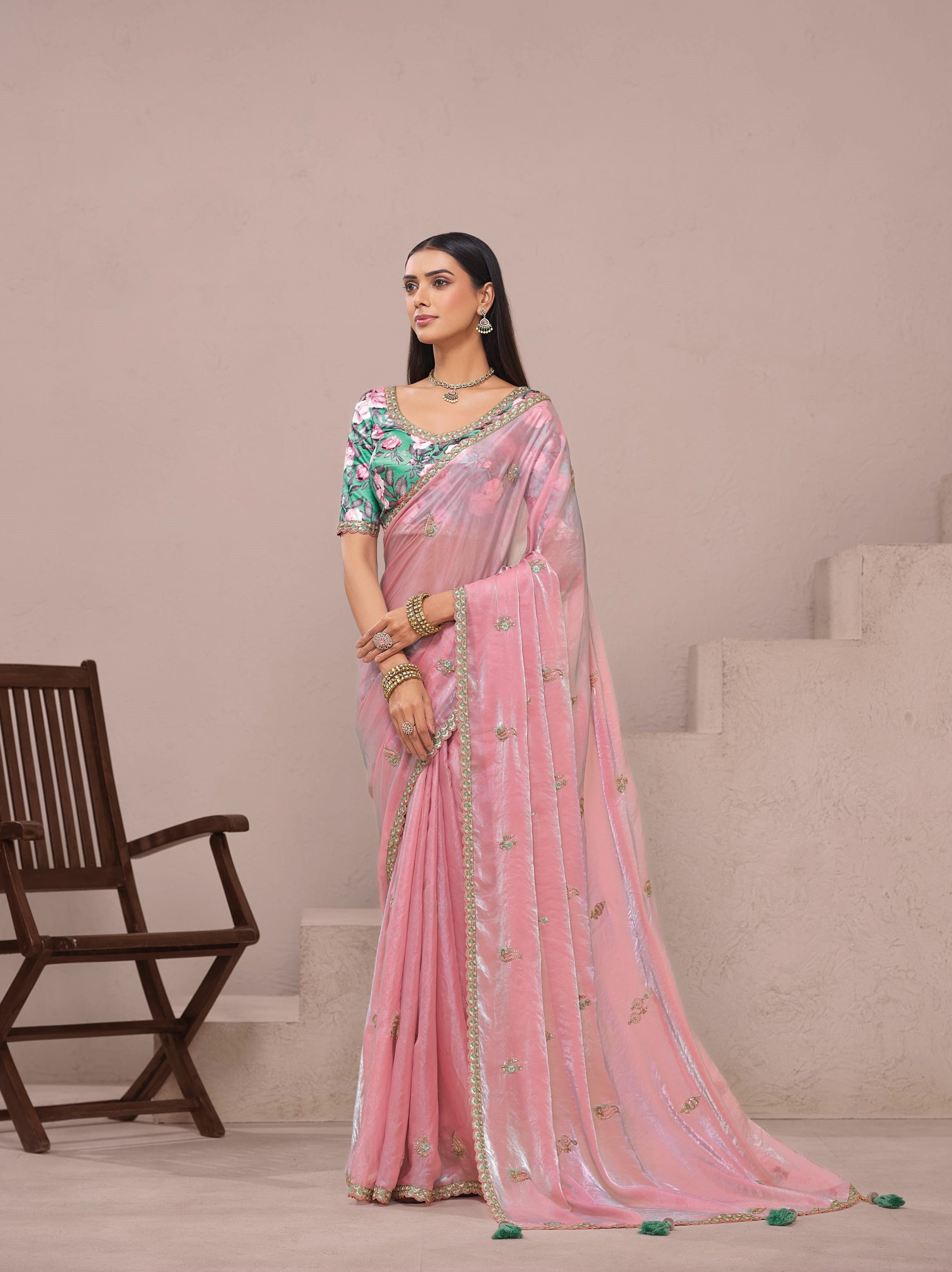 Rose Pink Glass Tissue Festival Wear Saree