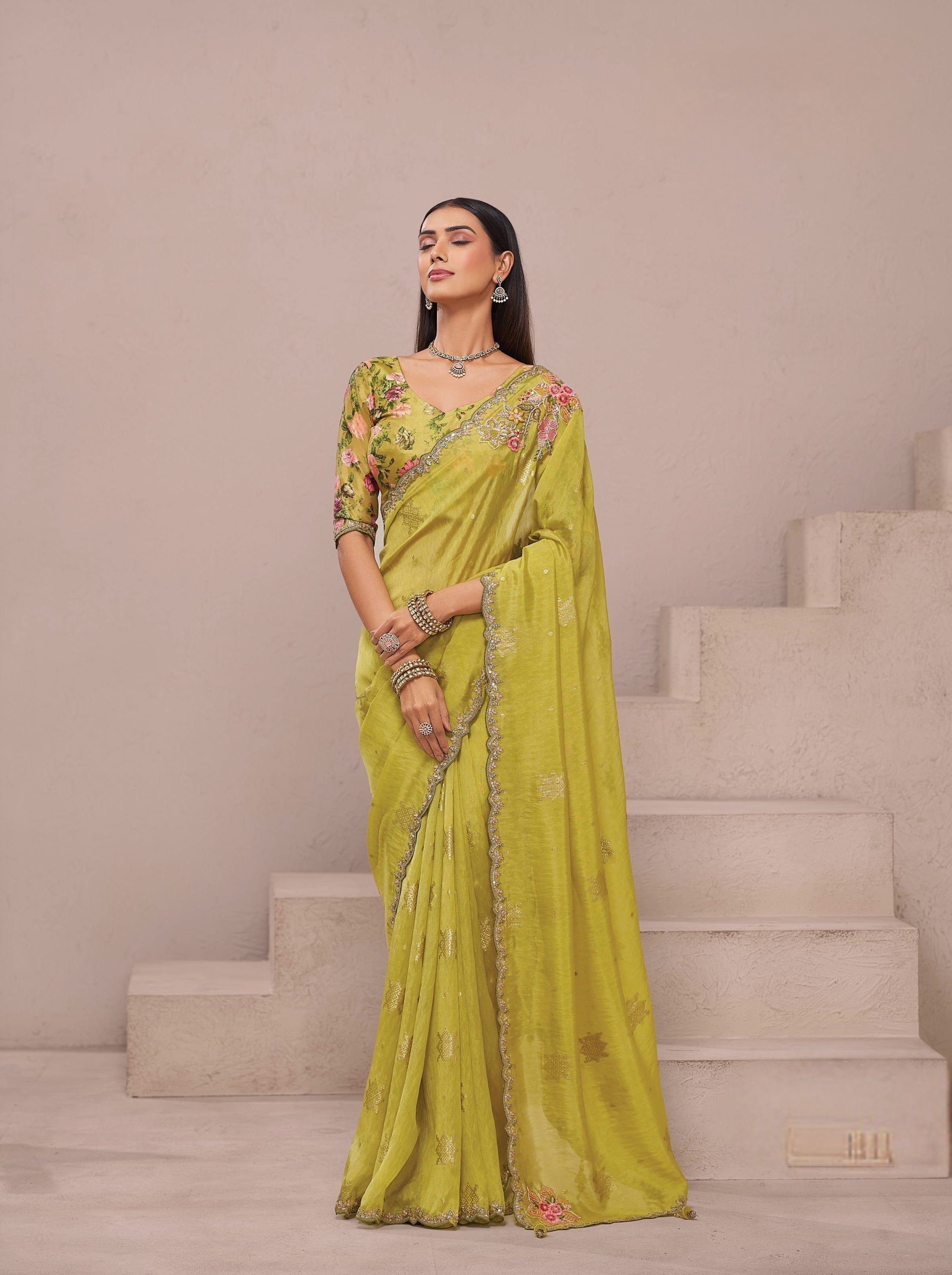Olive Yellow Silk Festival Wear Saree