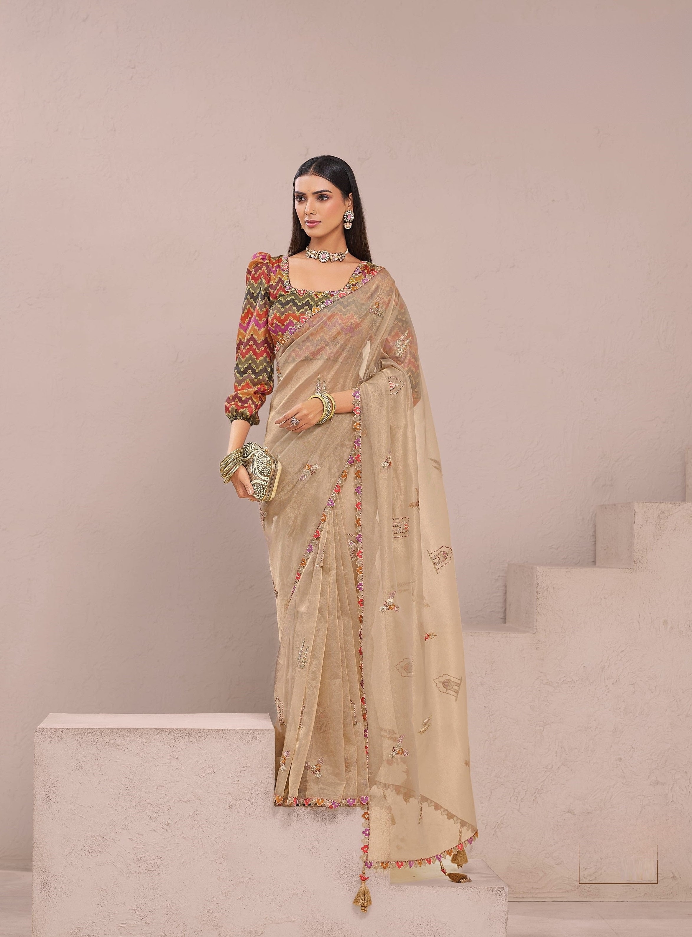 Beige Cream Organza Festival Wear Saree