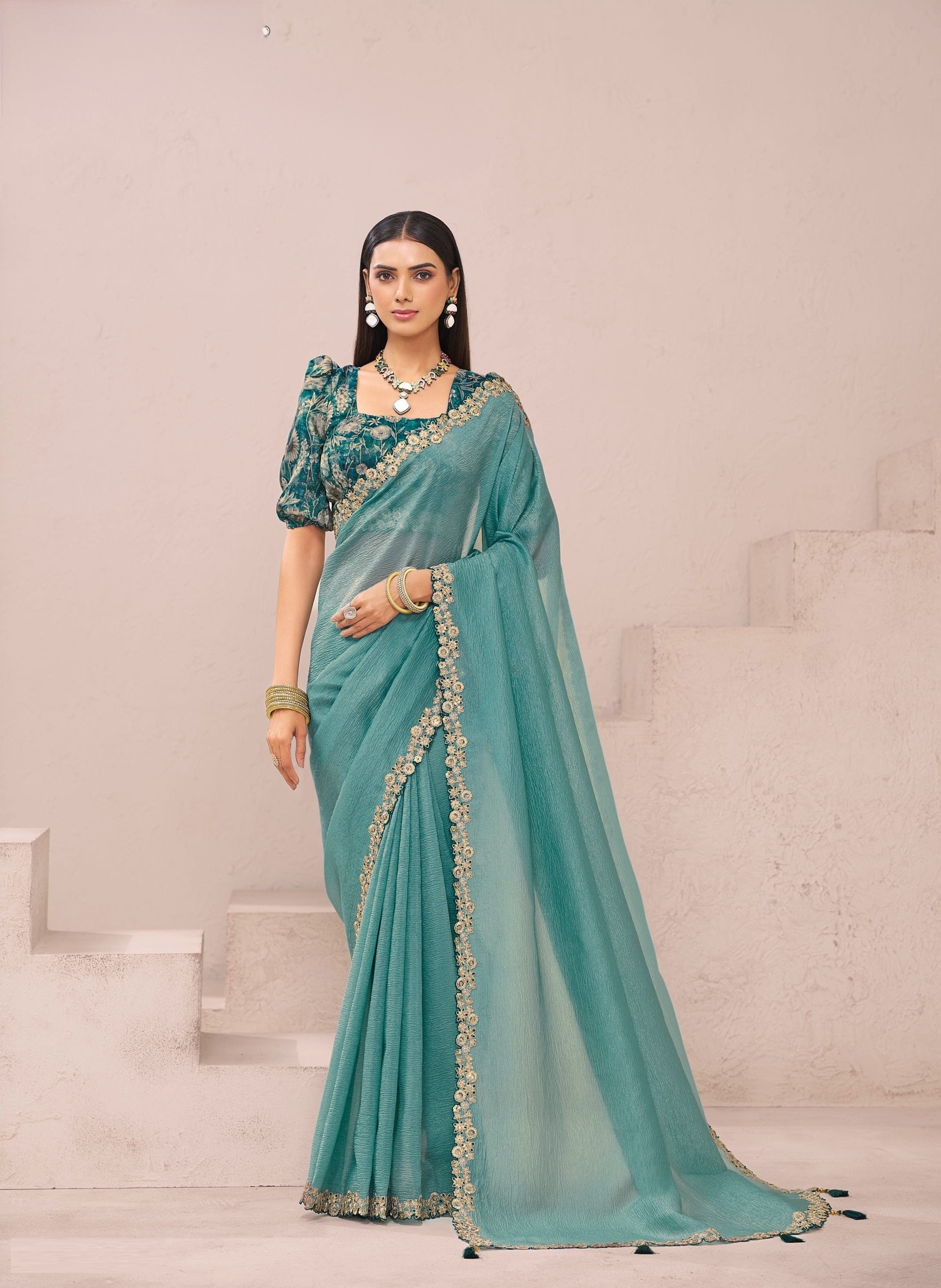 Sea Green Silk Crush Festival Wear Saree
