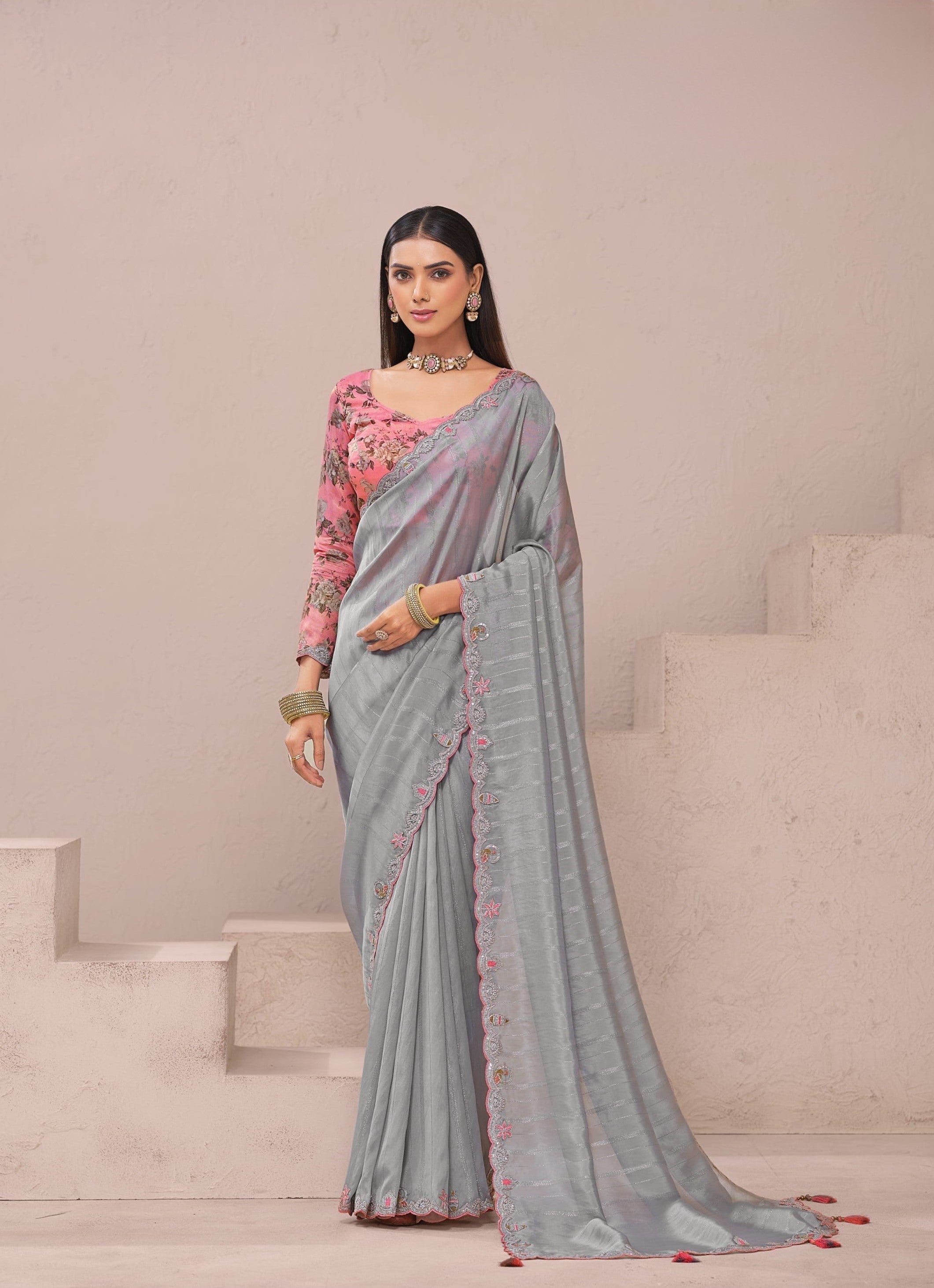 Grey Silk Festival Wear Saree