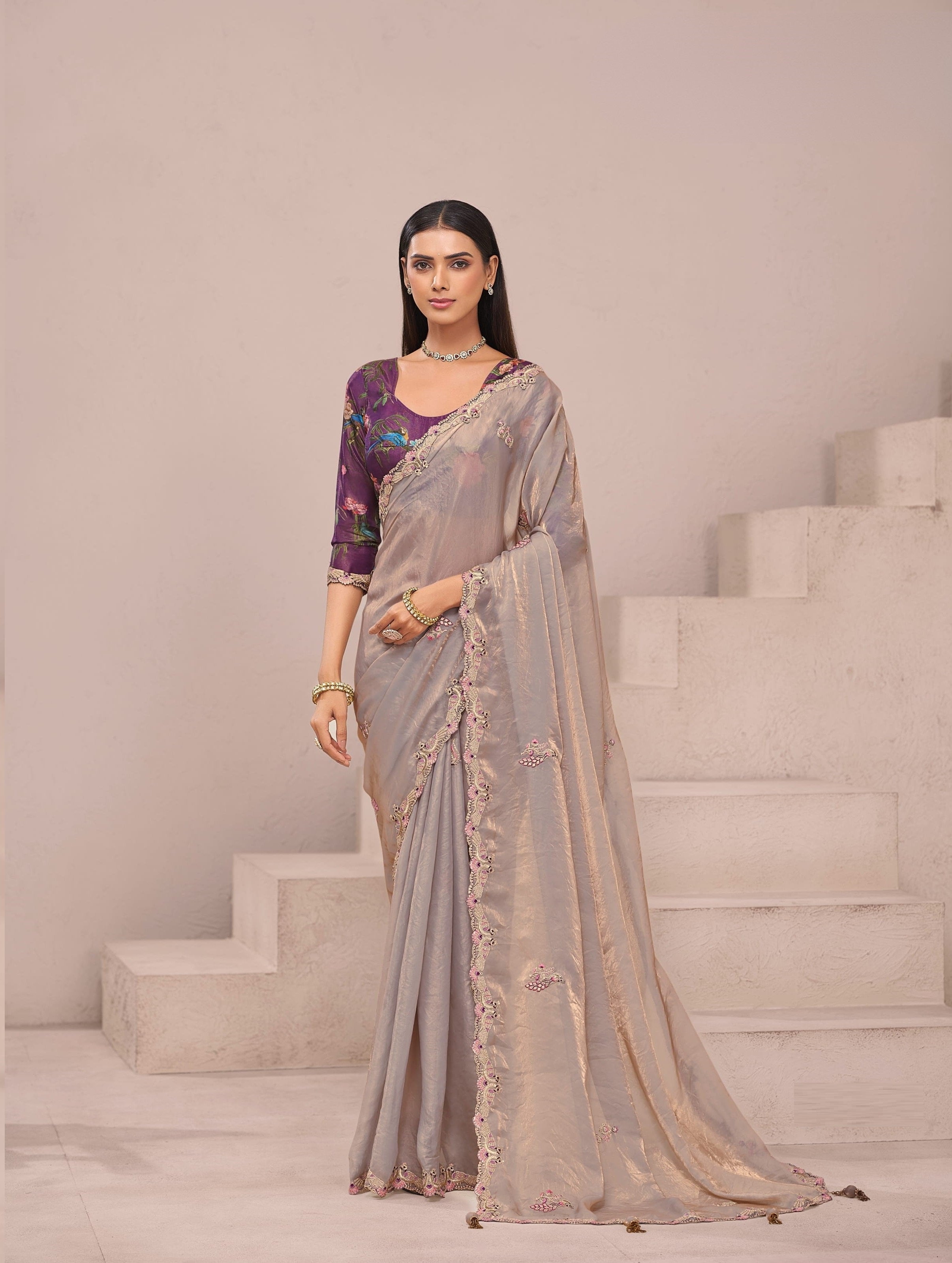 Grey Beige Glass Tissue Festival Wear Saree
