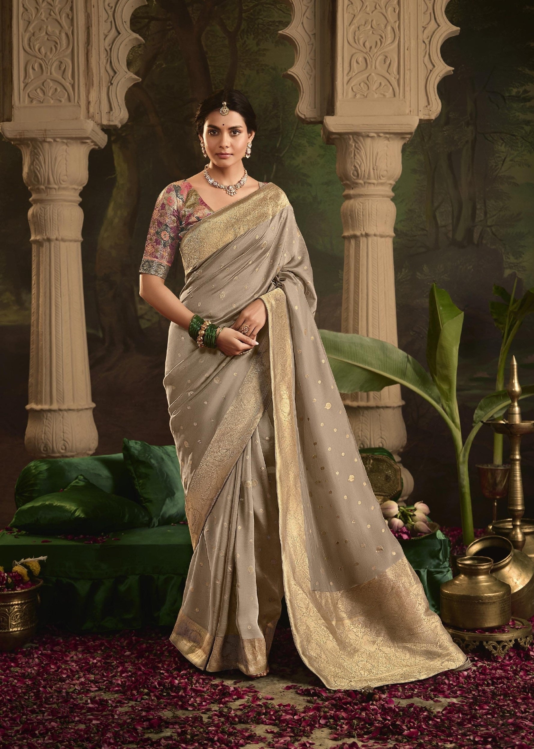 Elegant Beige Crepe Dola Silk Festival Wear Saree