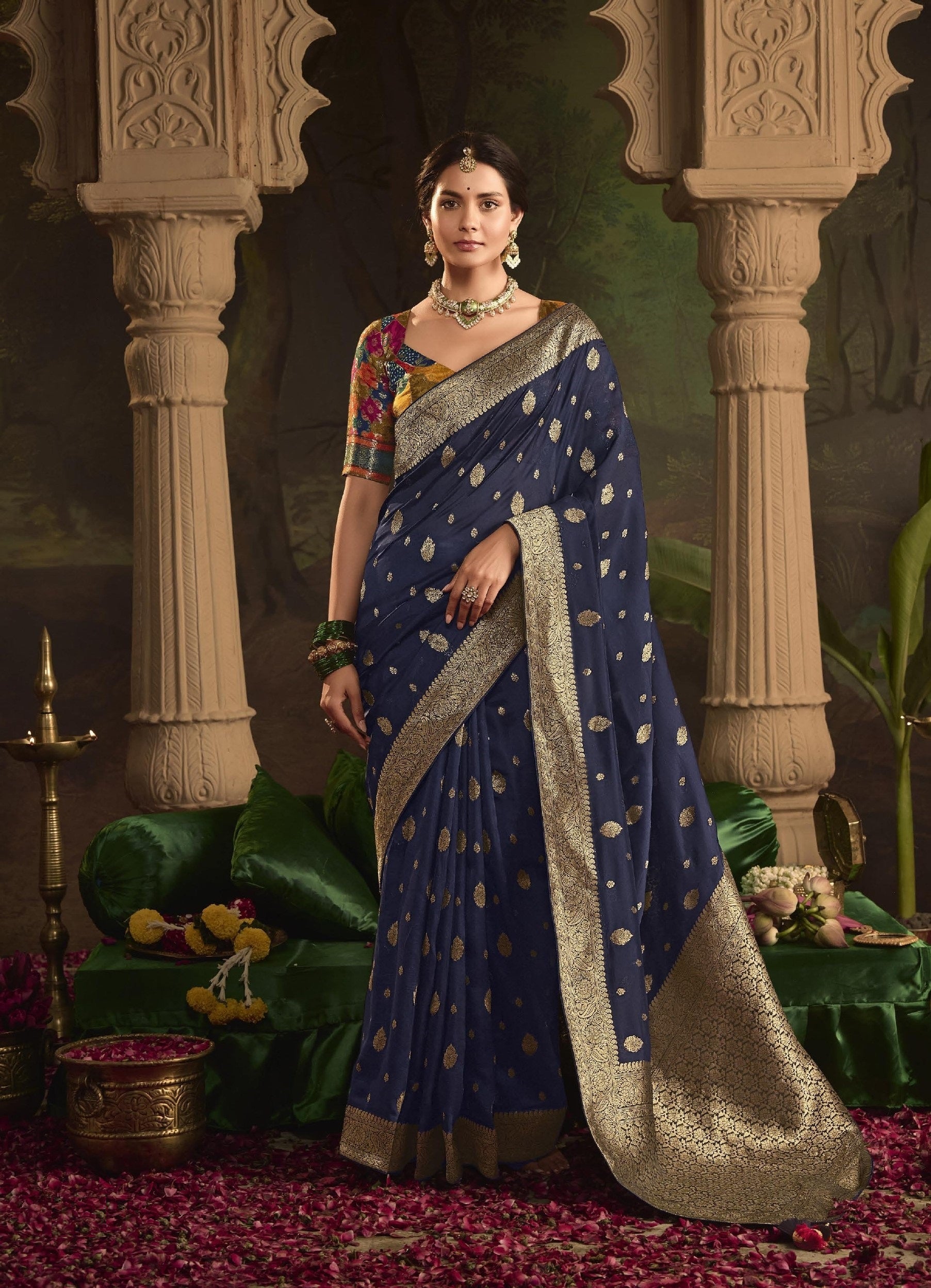 Navy Blue Dola Silk Festival Wear Saree