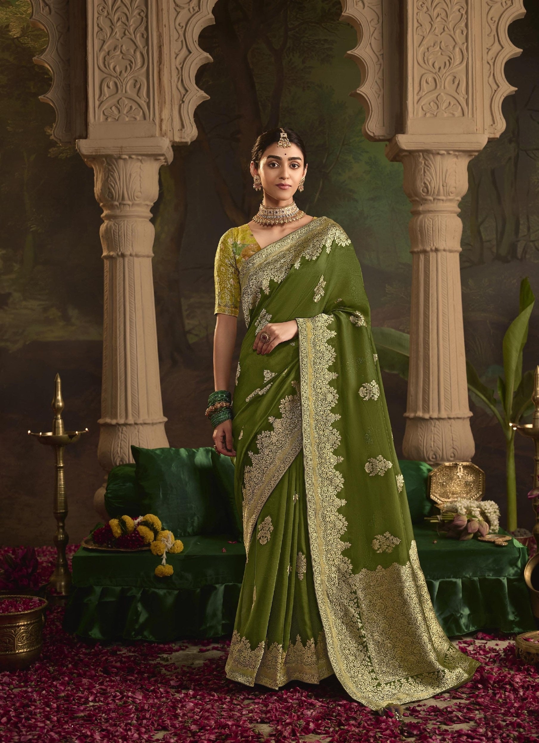 Mehndi Green Dola Silk Festival Wear Saree